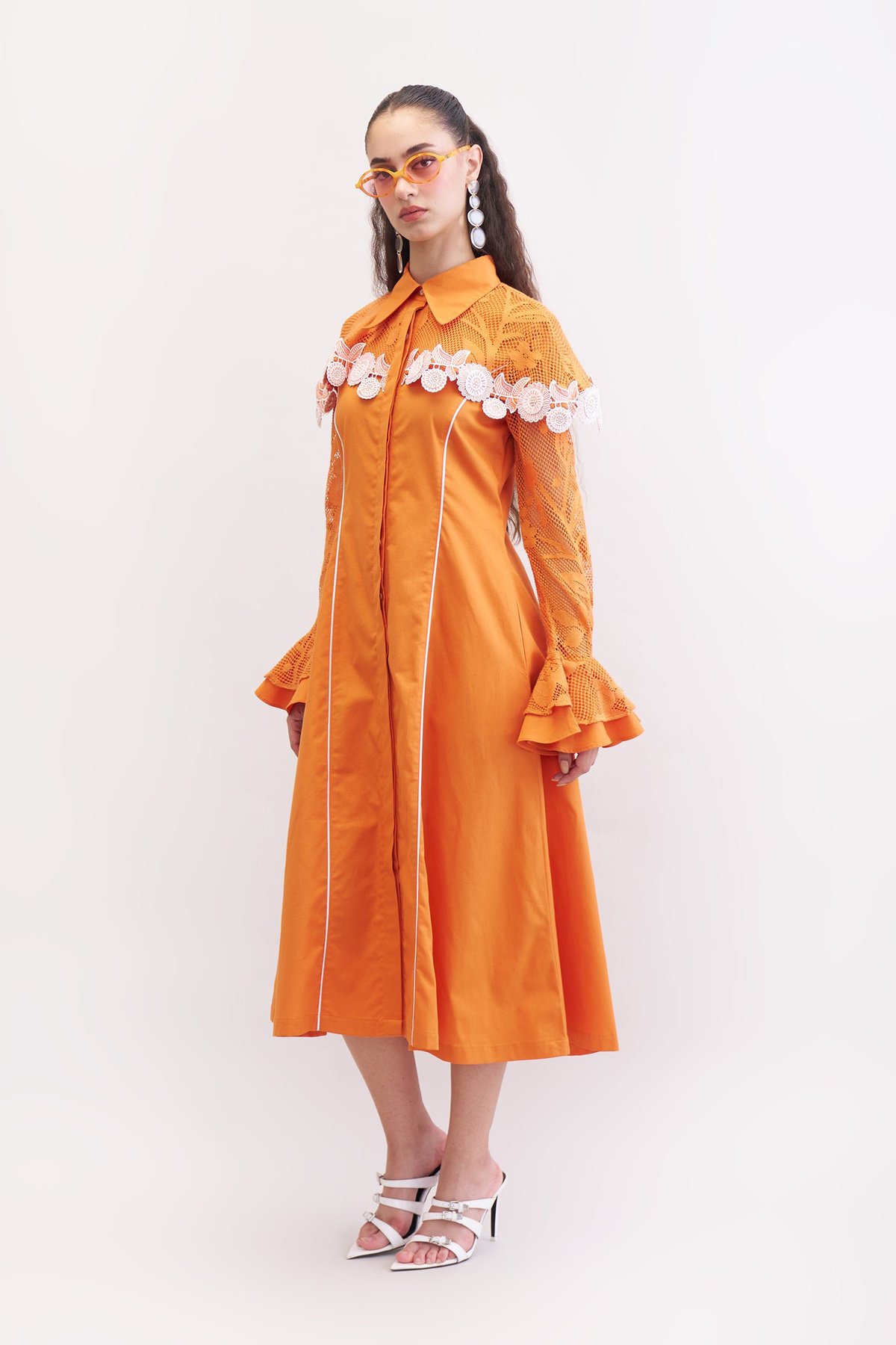Sunset Orange Lace Yoke Button-Down Midi Dress
