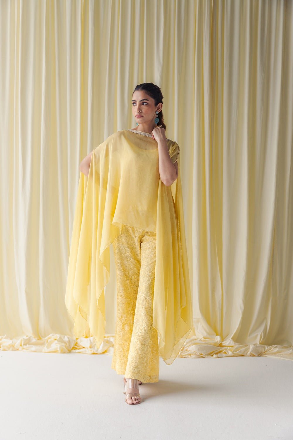 Canary Yellow Off-Shoulder Organza Kaftan Co-ord Set