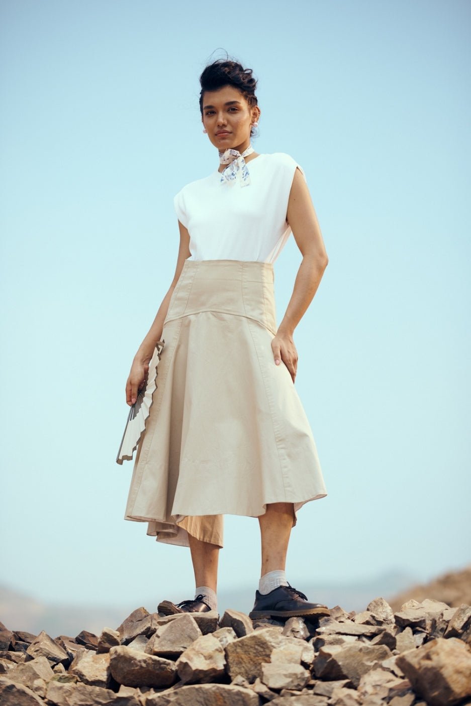 Tan High-Waist High-Low Midi Cotton Twill Skirt