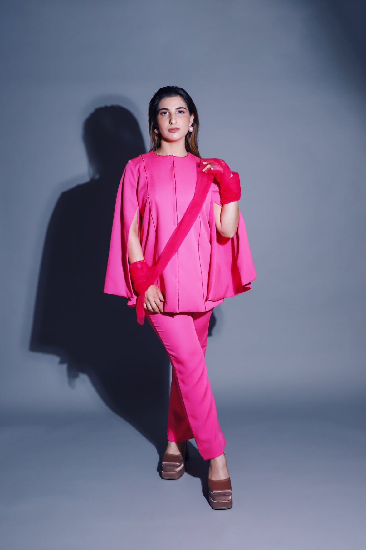 Blush Pink Cape Sleeve Top and Straight Pants Co-ord Set