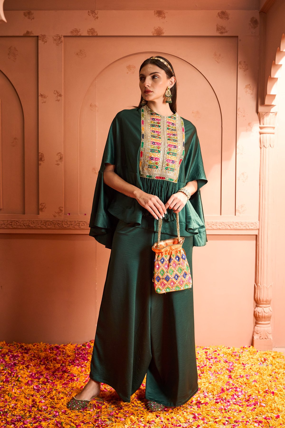 Emerald Green Kaftan Top and Flared Pants Co-ord Set