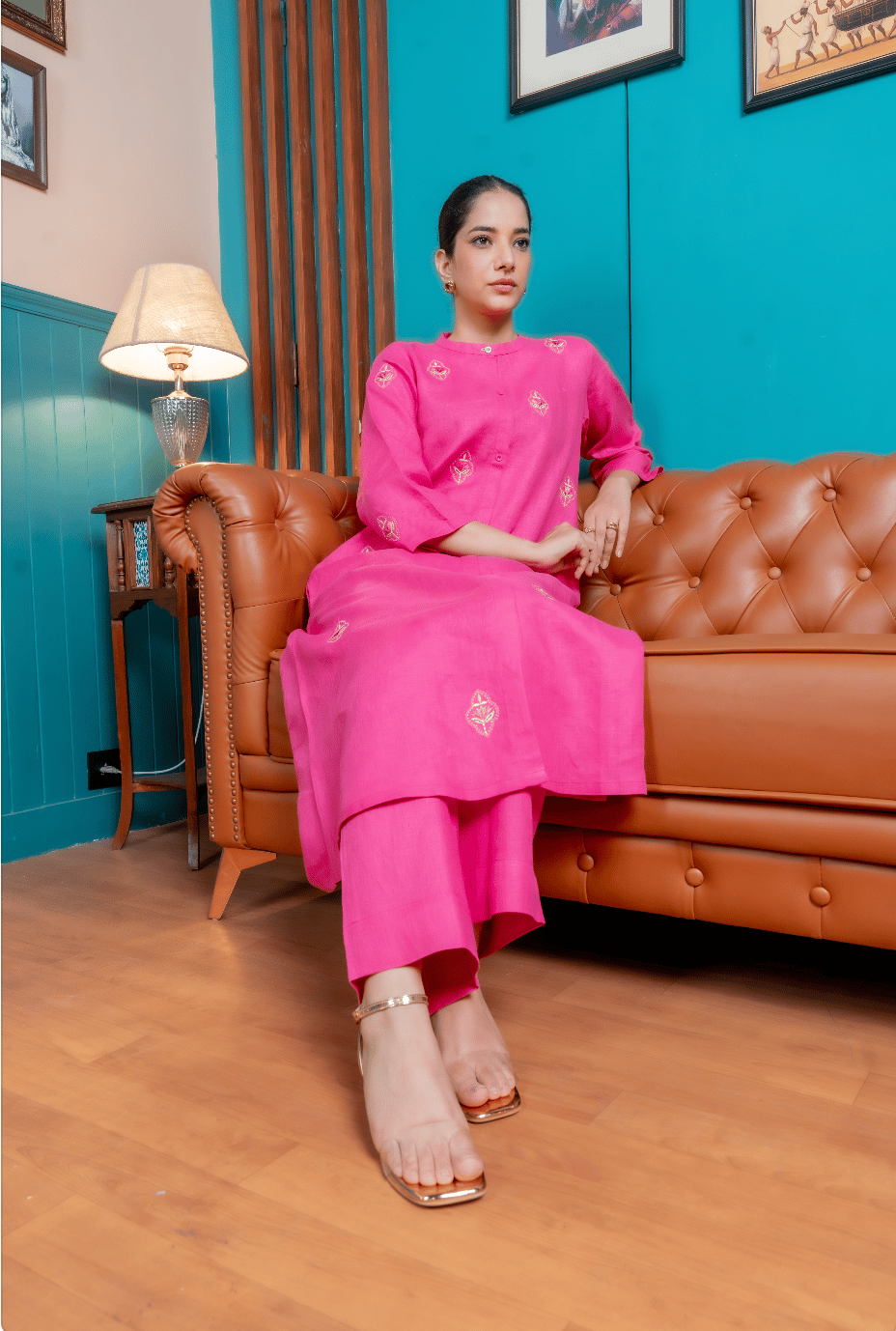 Pink Linen Button-Front Kurta Set with Embroidered Motifs