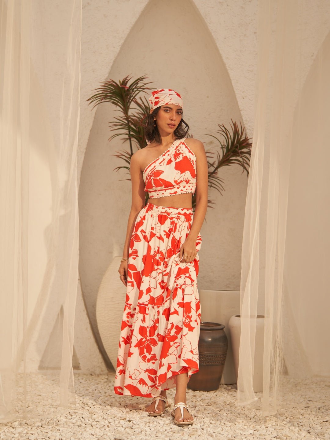 Orange One-Shoulder Floral Printed Cropped Top