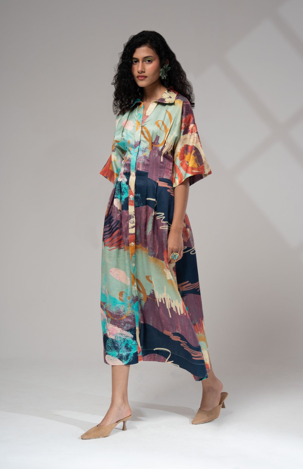 Multicolour Abstract Print Button-Down Midi Shirt Dress