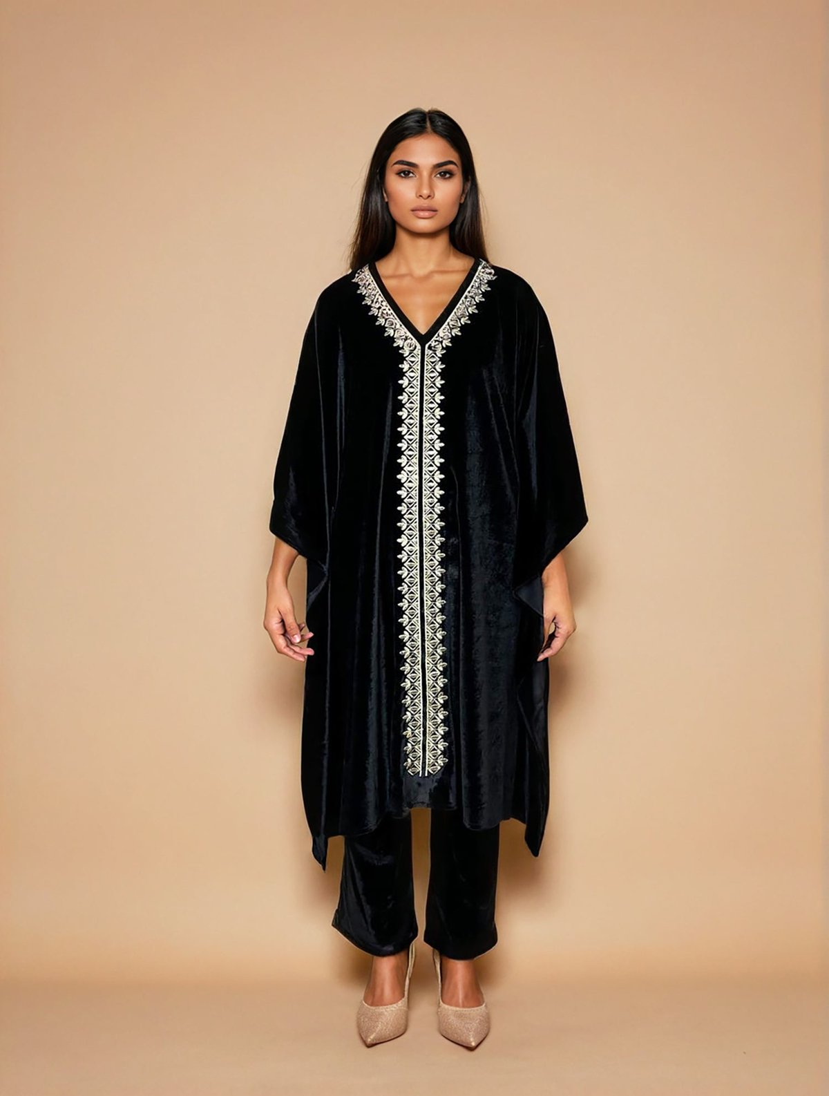 Velvet Embroidered Kaftan Kurta Set