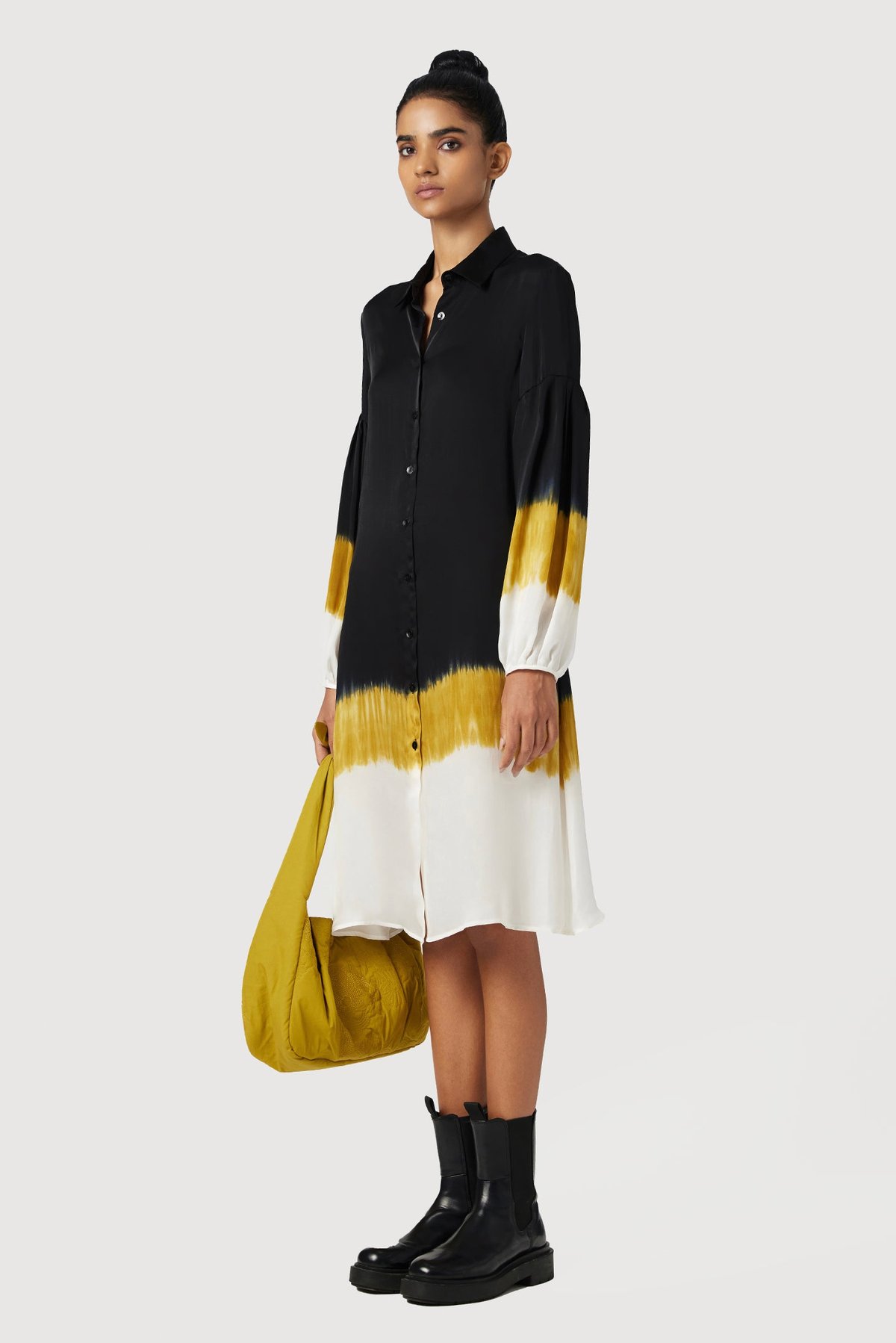 Black and Ochre Ombré Button-Down Shirt Dress