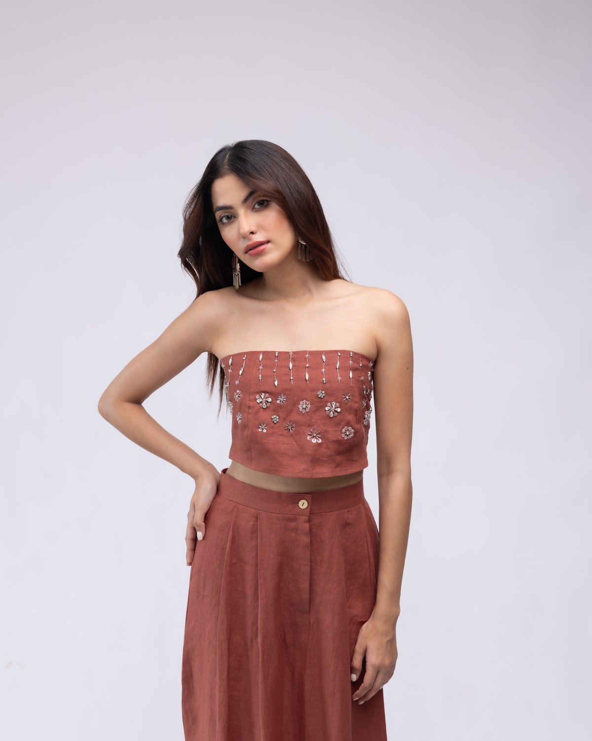 Burnt Orange Linen Backless Bandeau Crop Top