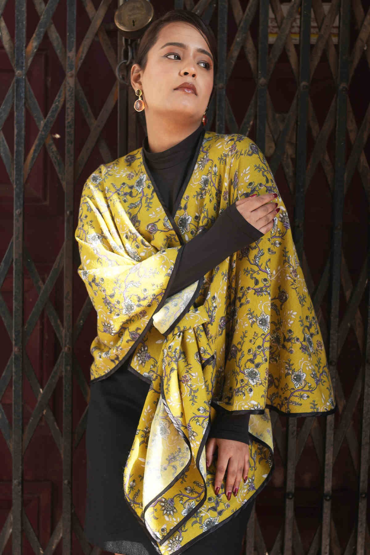 Lime Punch Merino Wool Floral Print Wrap Cape