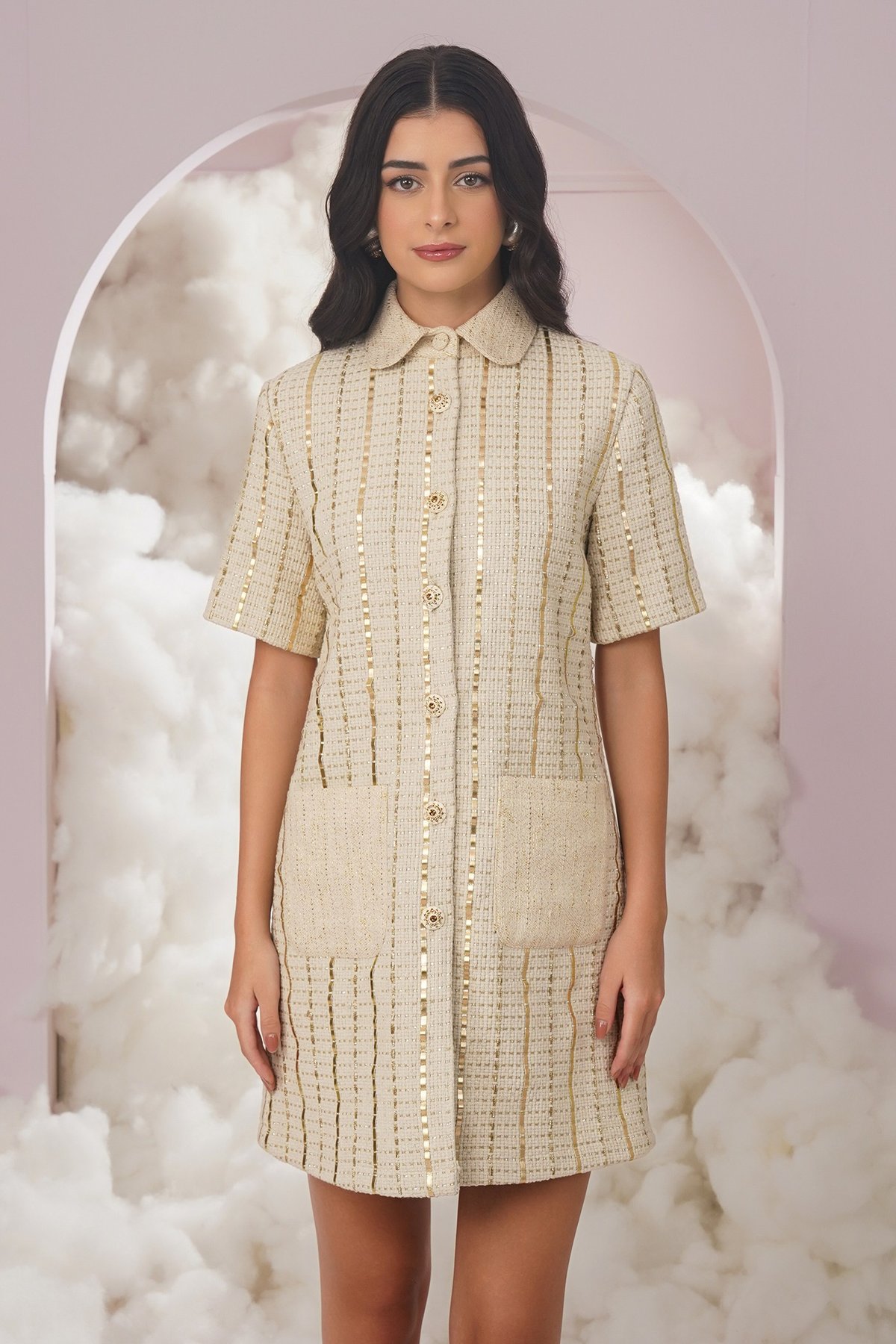 White Textured Mini Shirt Dress with Gold Button Details
