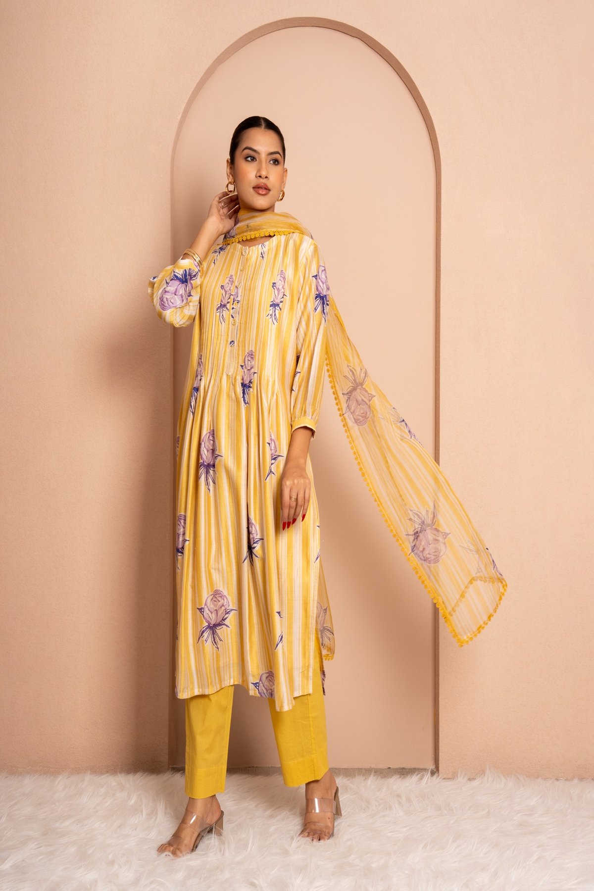 Butter Yellow Digital Print Chanderi Suit Set