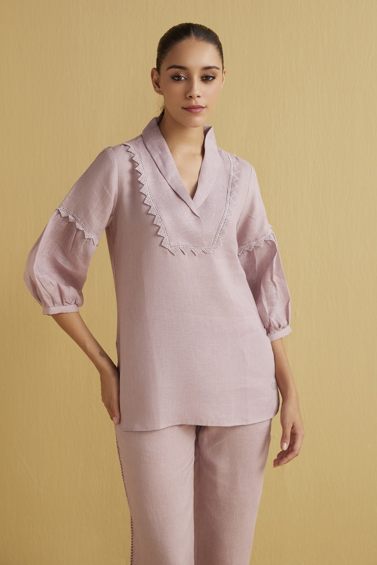 Lavender Linen V-Neck Longline Top with Lace Trim
