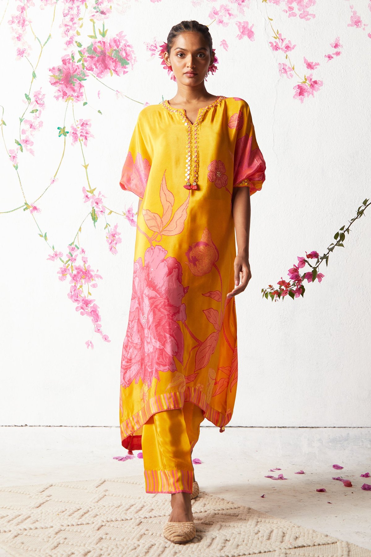 Mustard Floral Printed Crepe Co-ord Set with Embellished Neck