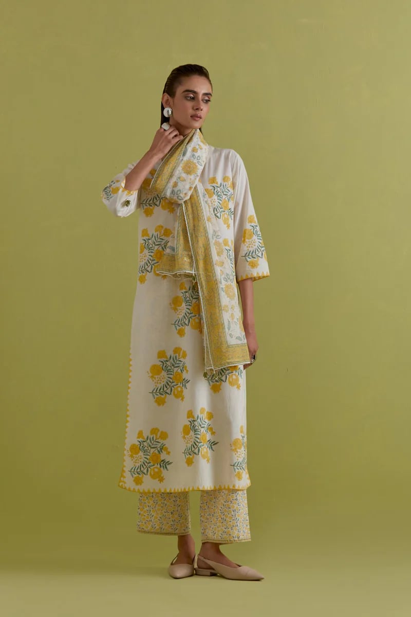 Off White Cotton Straight Long Kurta Pant