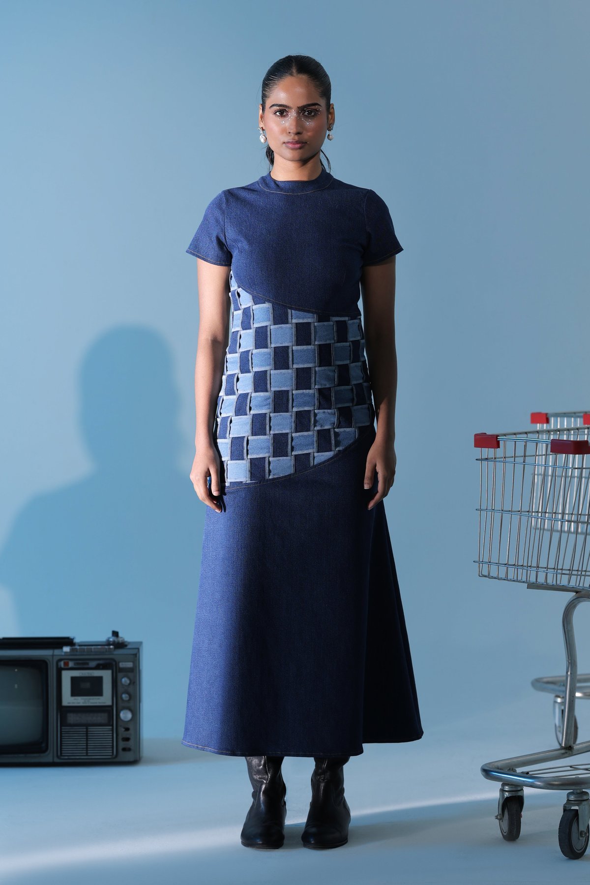 Blue Denim Fit and Flare Maxi Dress with Woven Panel
