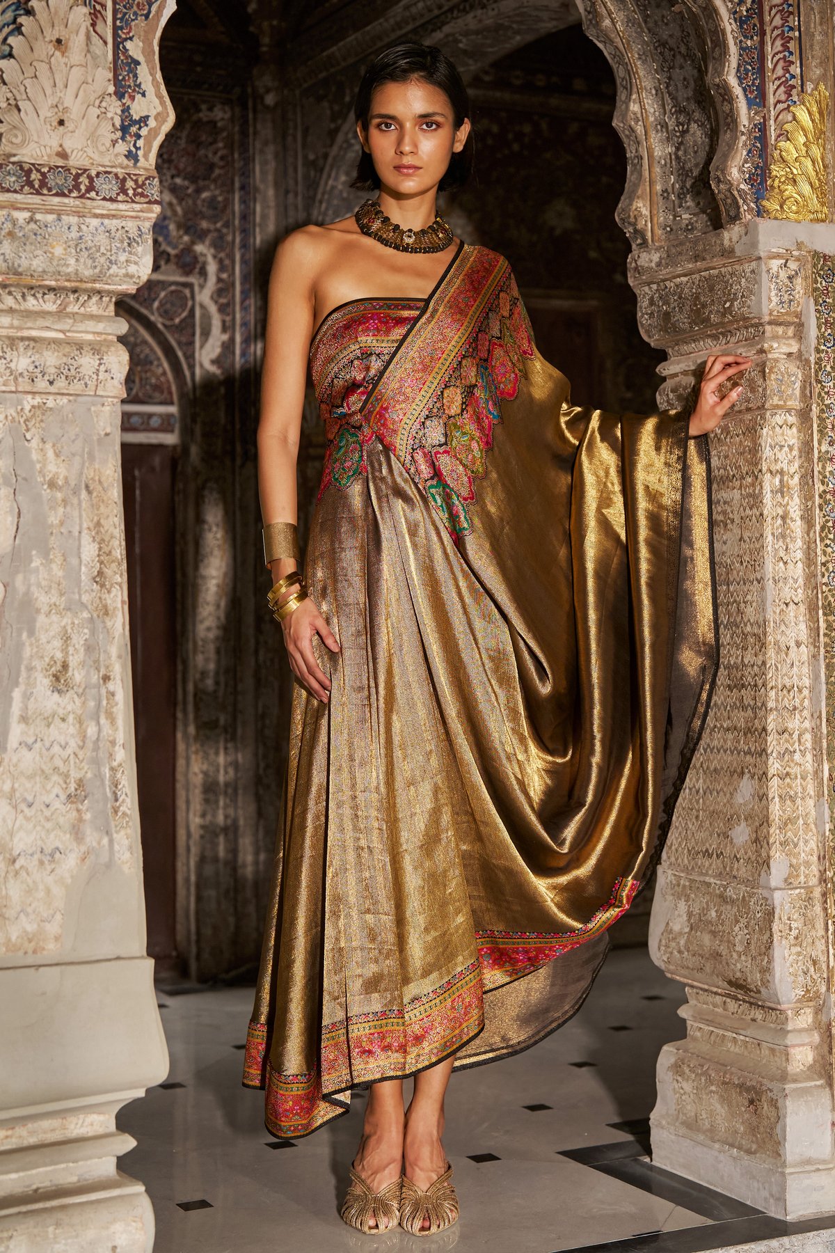 Metallic Gold One-Shoulder Brocade Drape Midi Gown