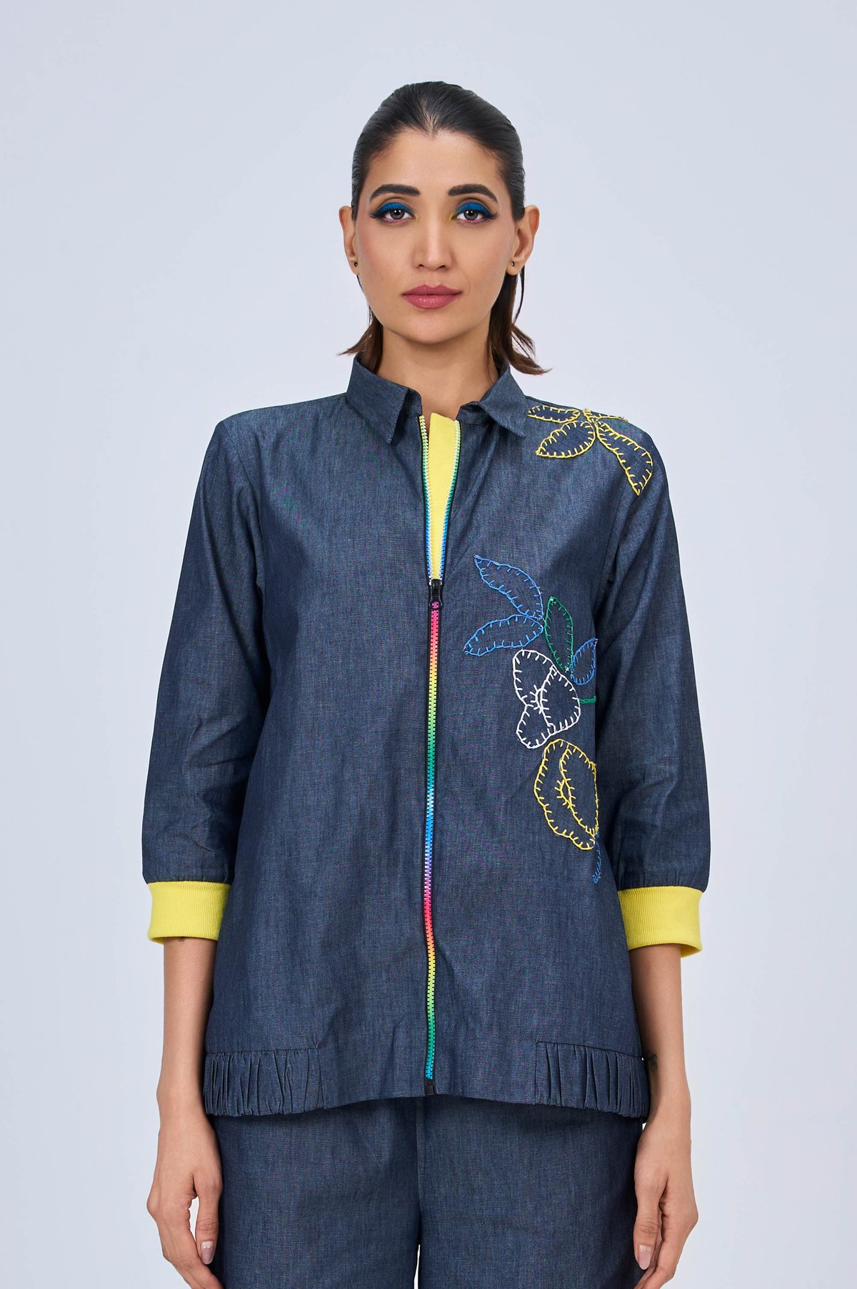 Blue Cotton Denim Zip-Front Shirt with Applique Detail