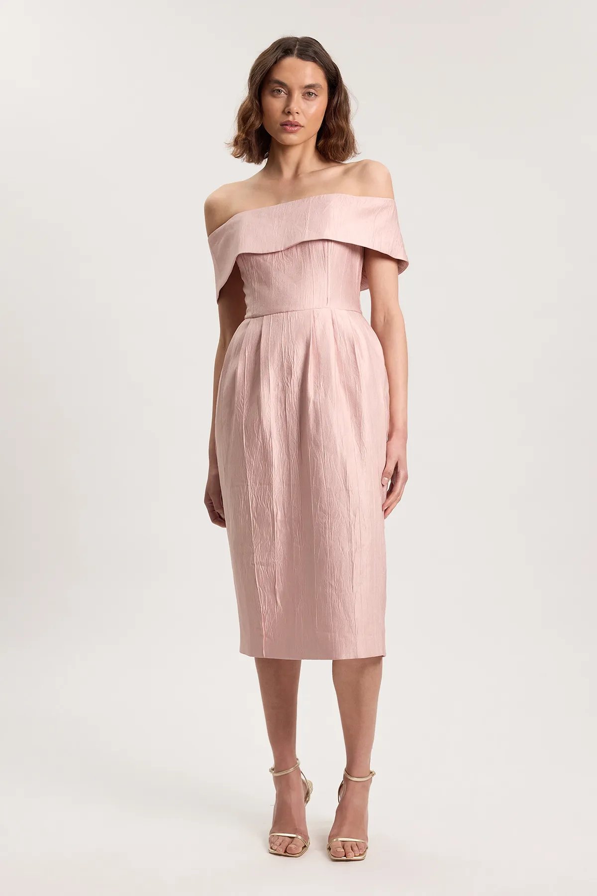 Pale Pink Off-Shoulder Textured Twill Midi Dress