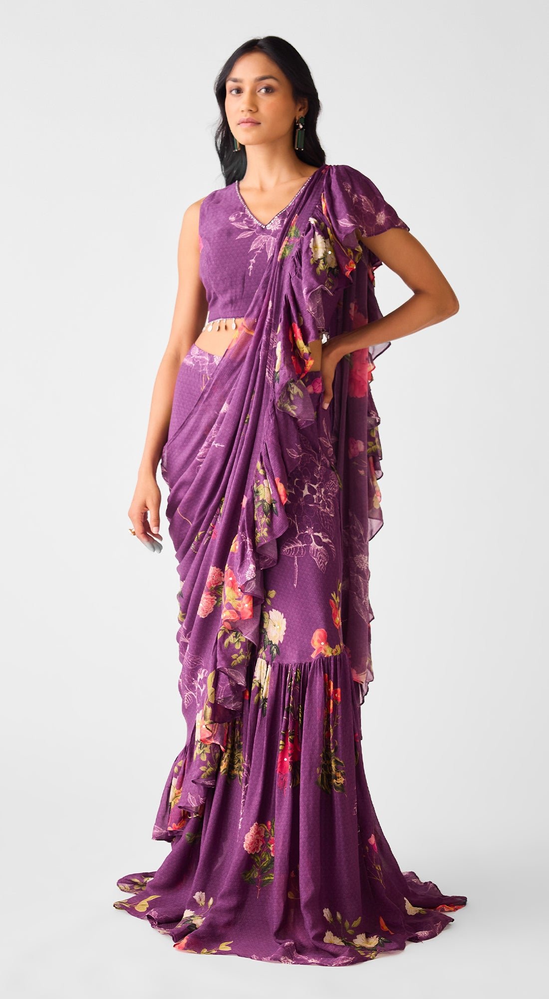 Embroidered Chinon Floral Saree