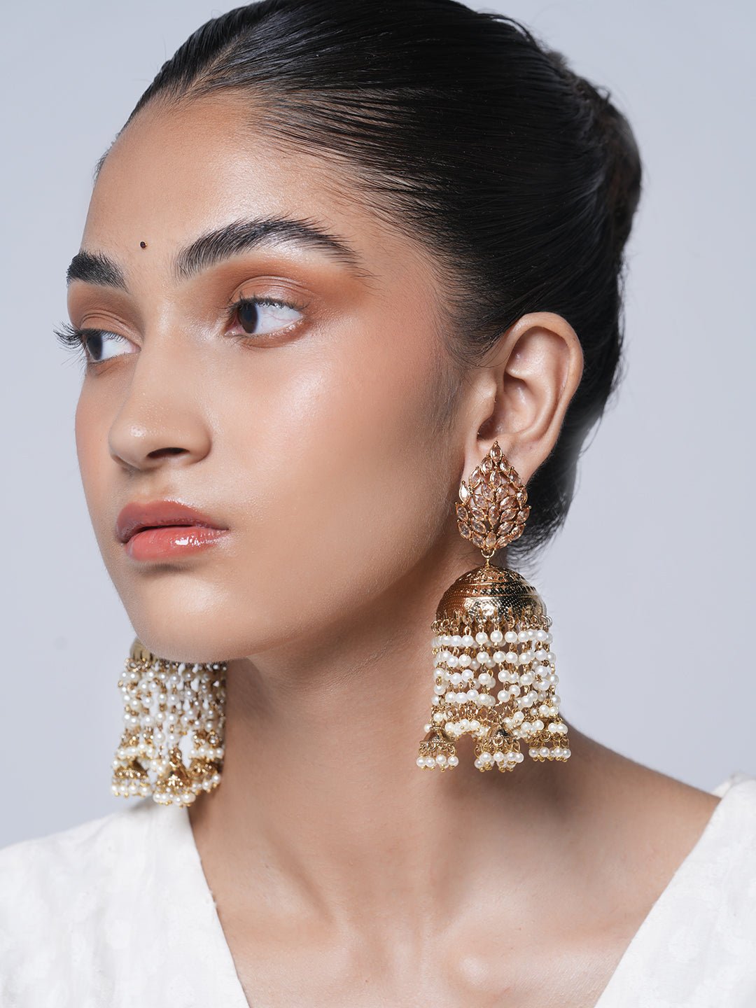 Golden Jhumki with White Latkan Earrings