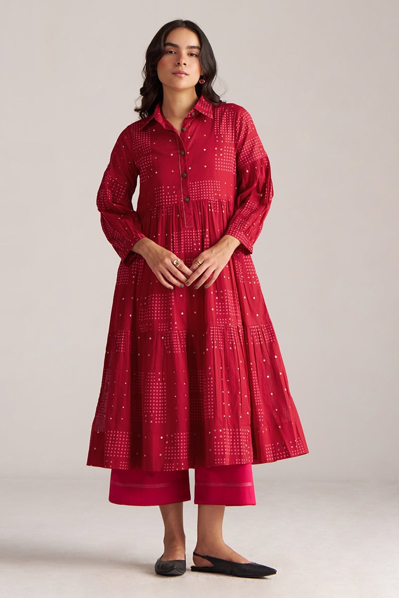 Samba Red Block Print Tiered Kurta and Pant Co-ord Set