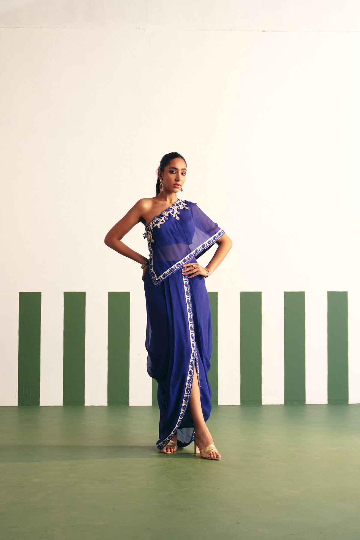 Ink Blue One-Shoulder Embroidered Kaftan Set