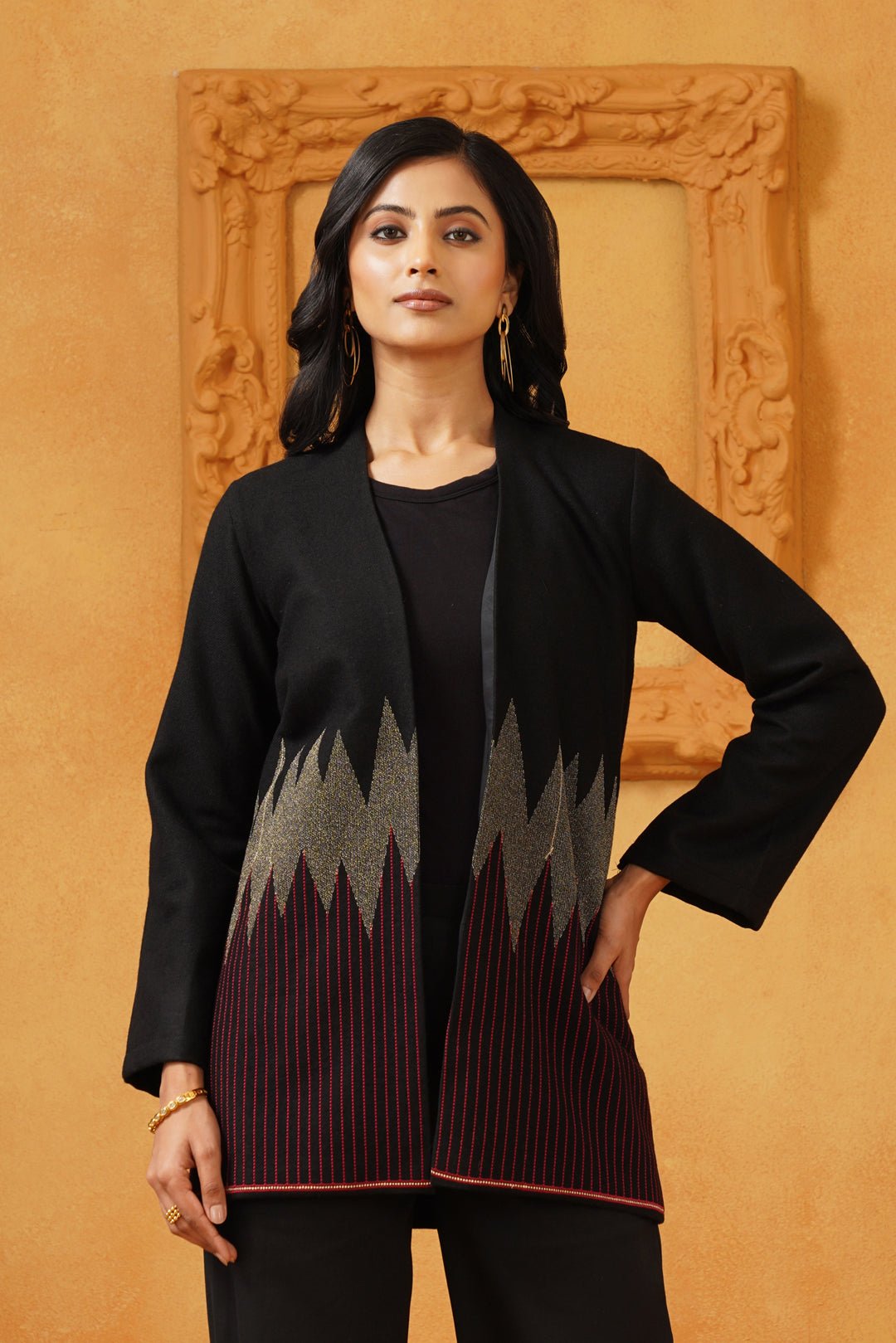 Black Longline Open-Front Jacket with Abstract Panel Detail