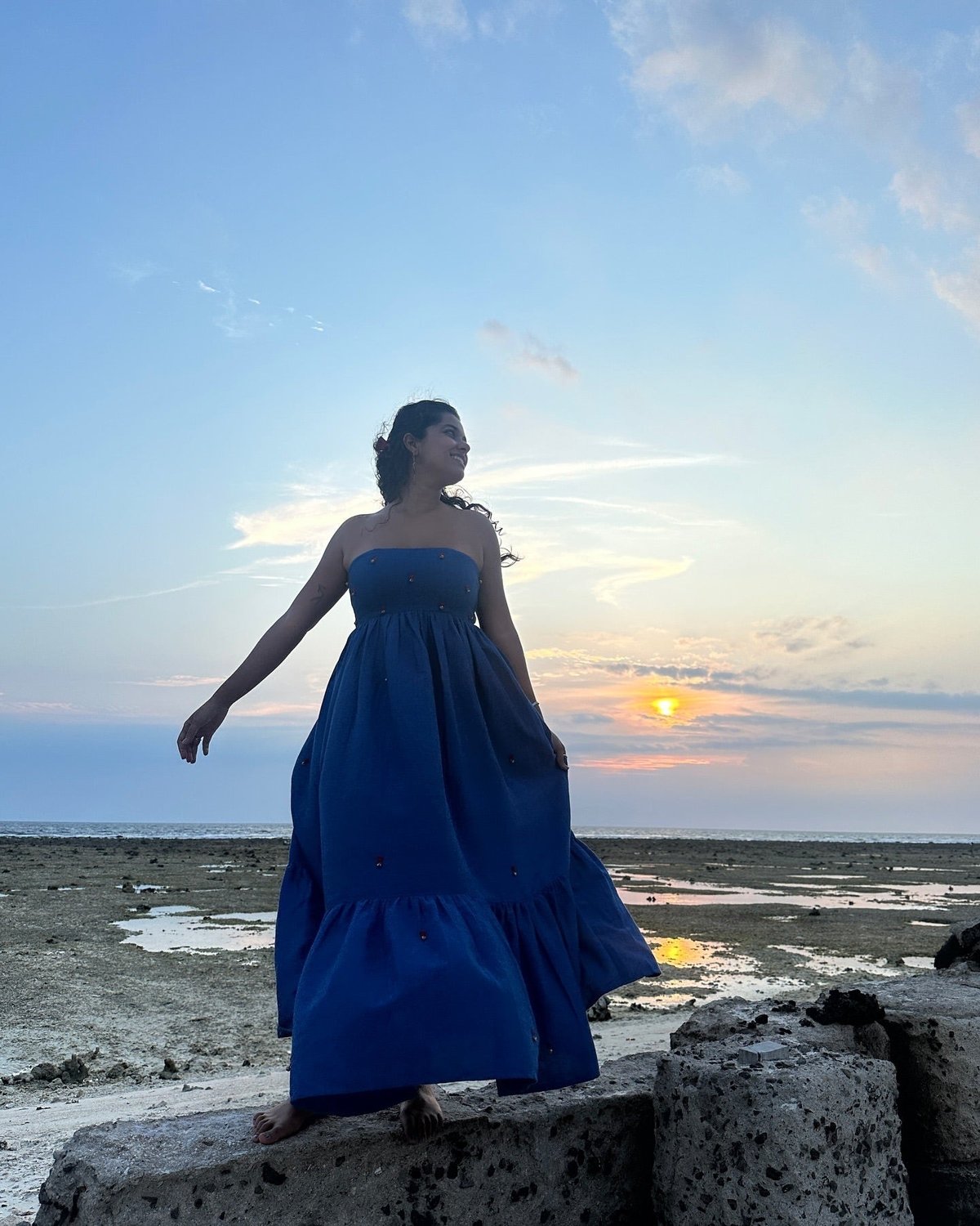 Blue Denim Strapless Tiered Maxi Dress