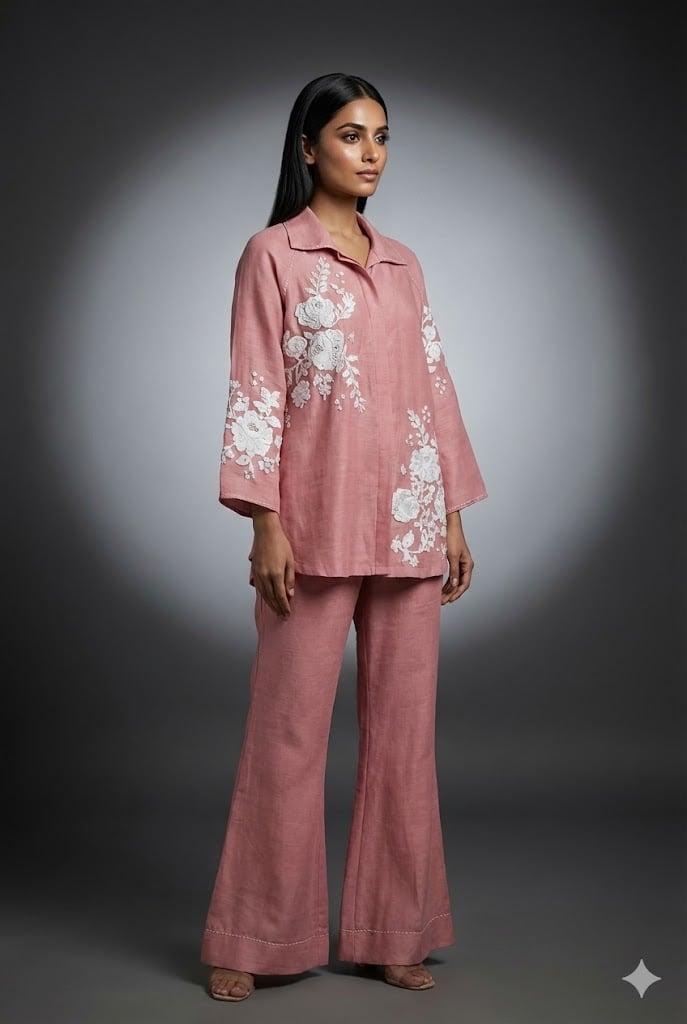 Blush Pink Linen Embroidered Shirt and Pants Co-ord Set
