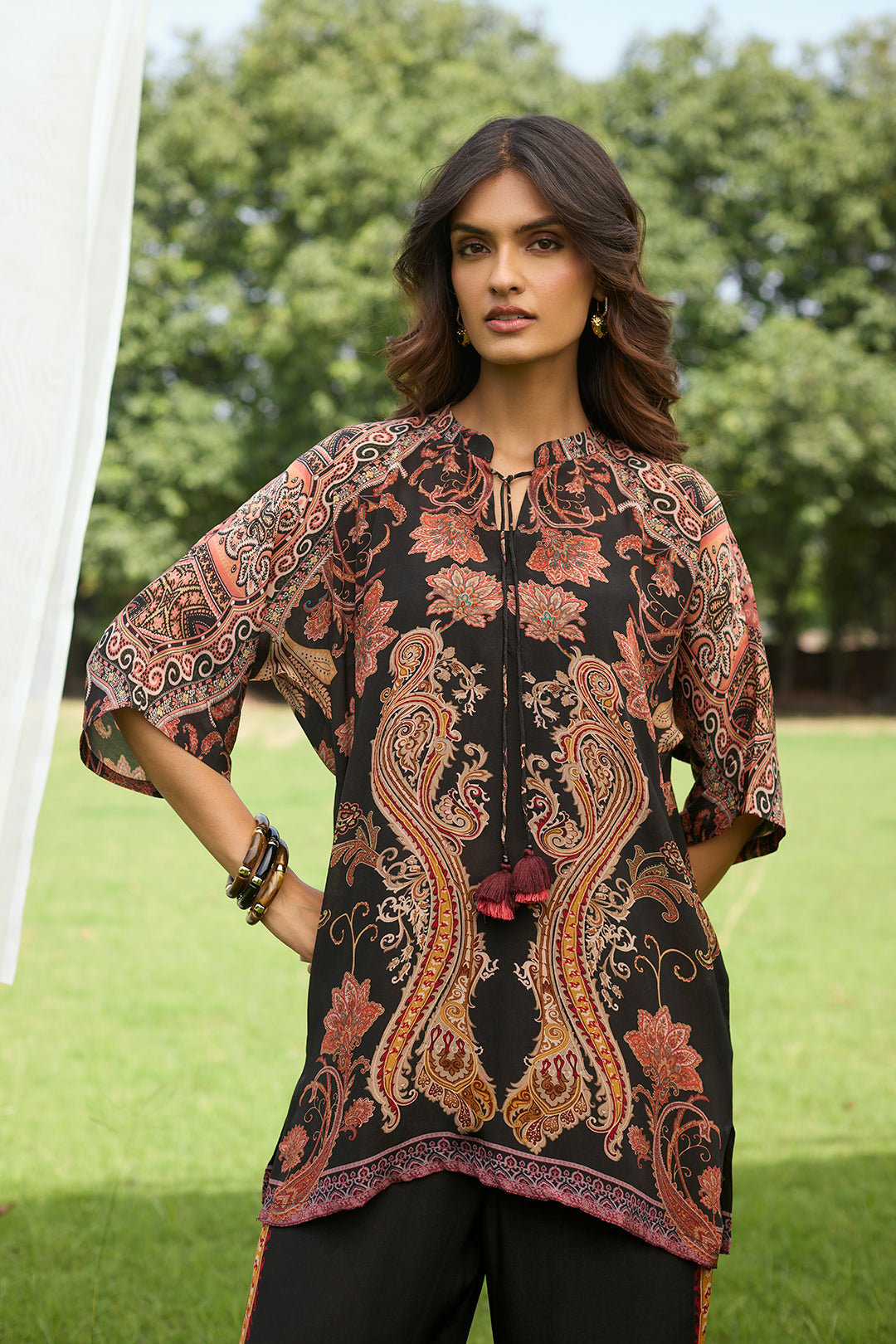 Black Abstract Printed Tunic and Wide-Leg Co-ord Set