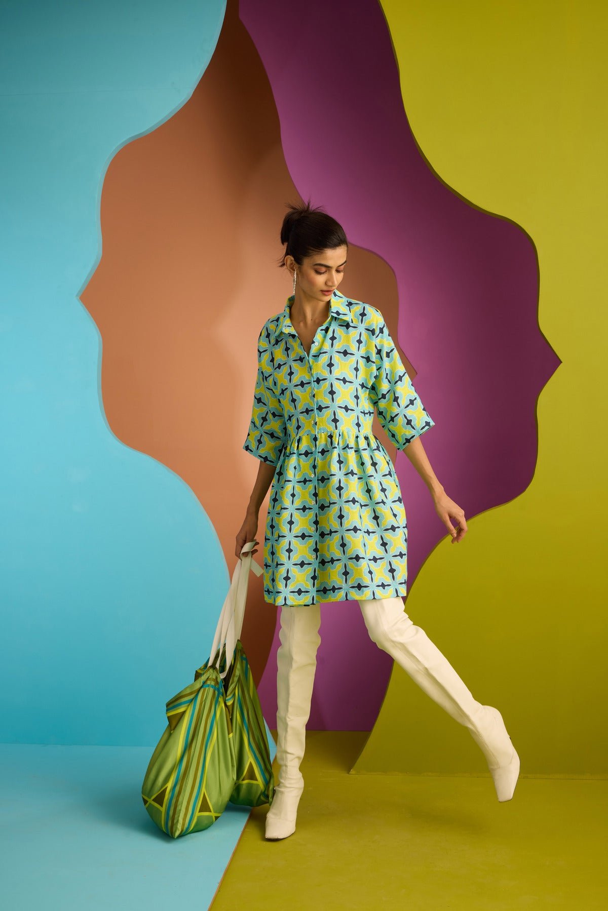 Blue Printed Linen Shirt Dress with Buttons and Pockets