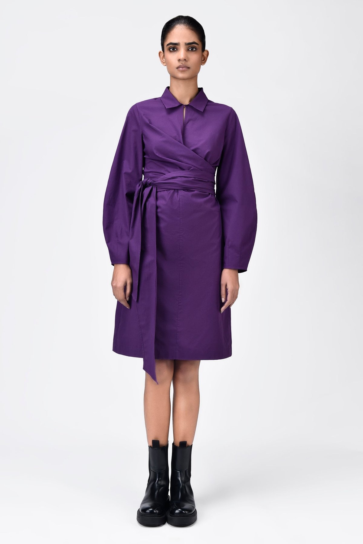 Amethyst A-Line Collared Wrap Dress with Tie-Up Waist