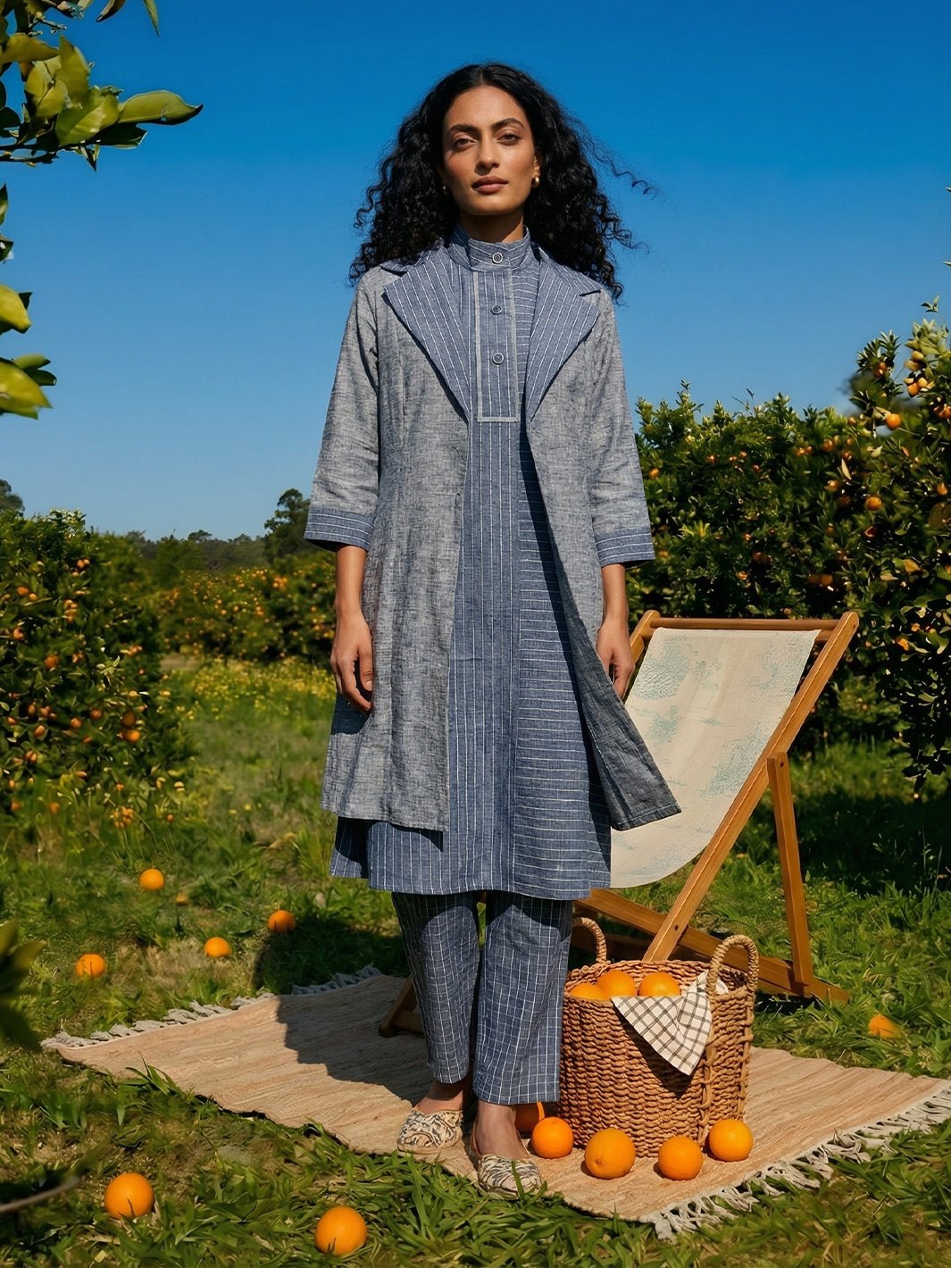 Blue Grid-Check Straight-Leg Linen-Cotton Trousers