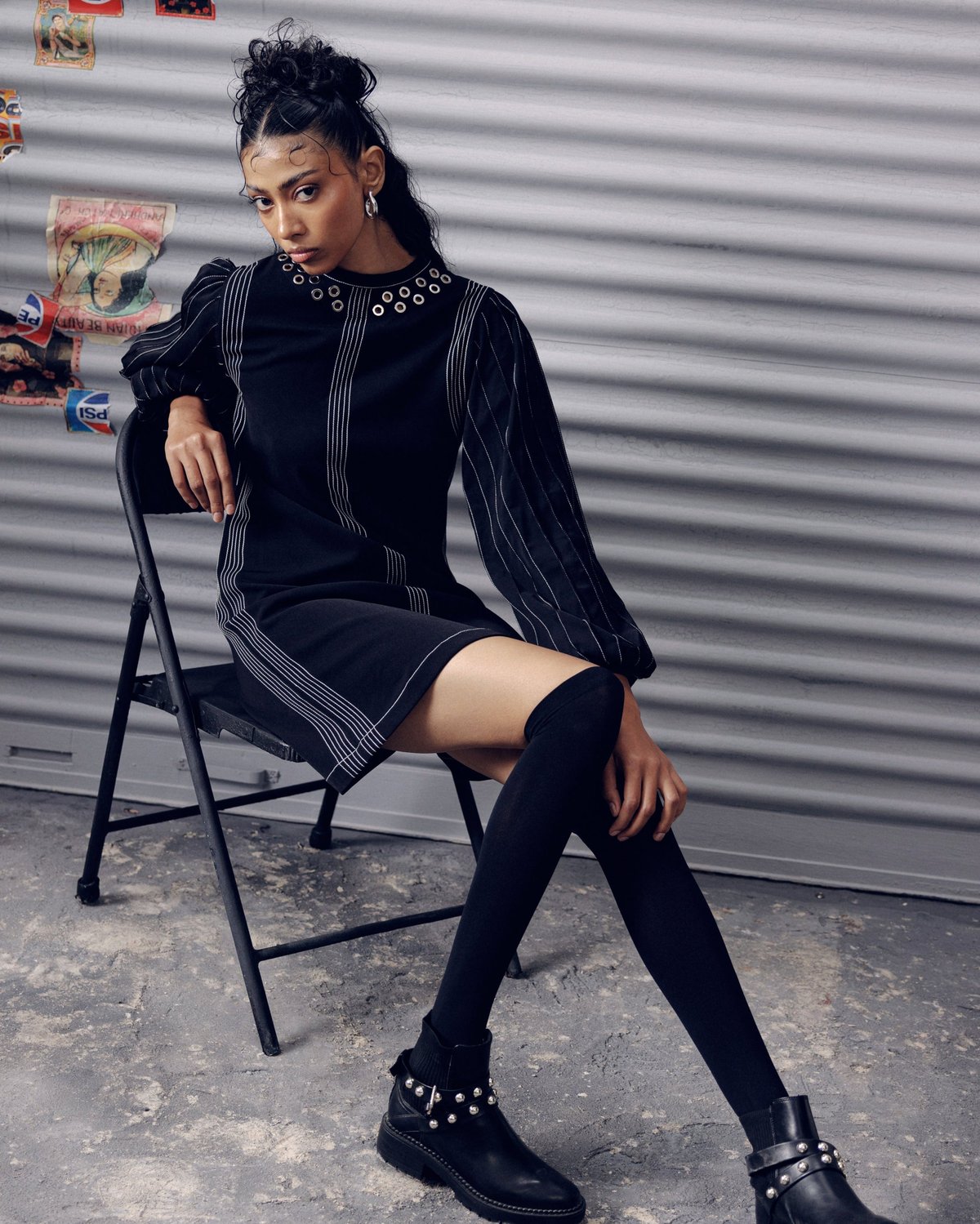 Black Mini Shift Dress with Metallic Ring Neckline
