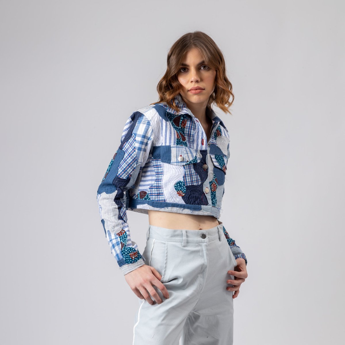 Blue Patchwork Cropped Button-Front Jacket