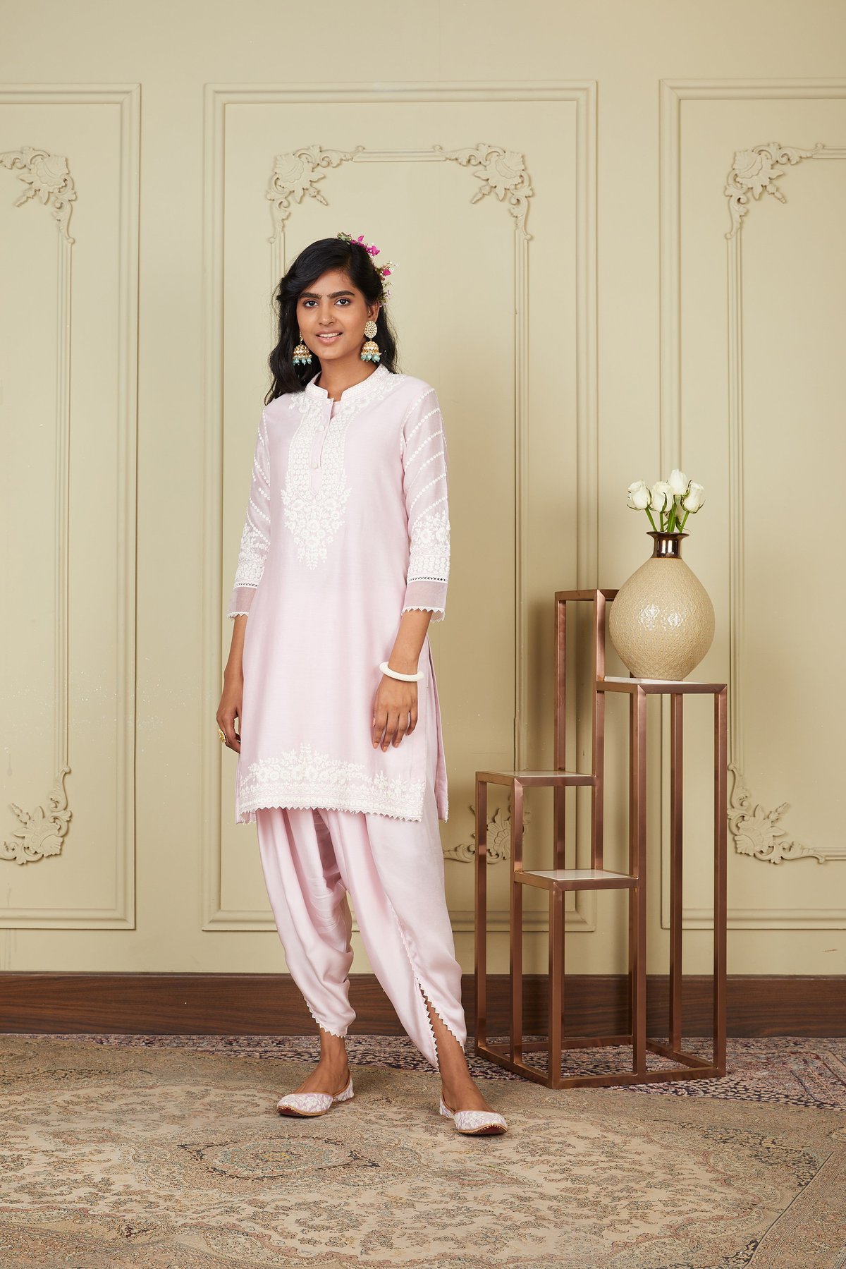Pearl Blush Embroidered Short Kurta and Dhoti Set