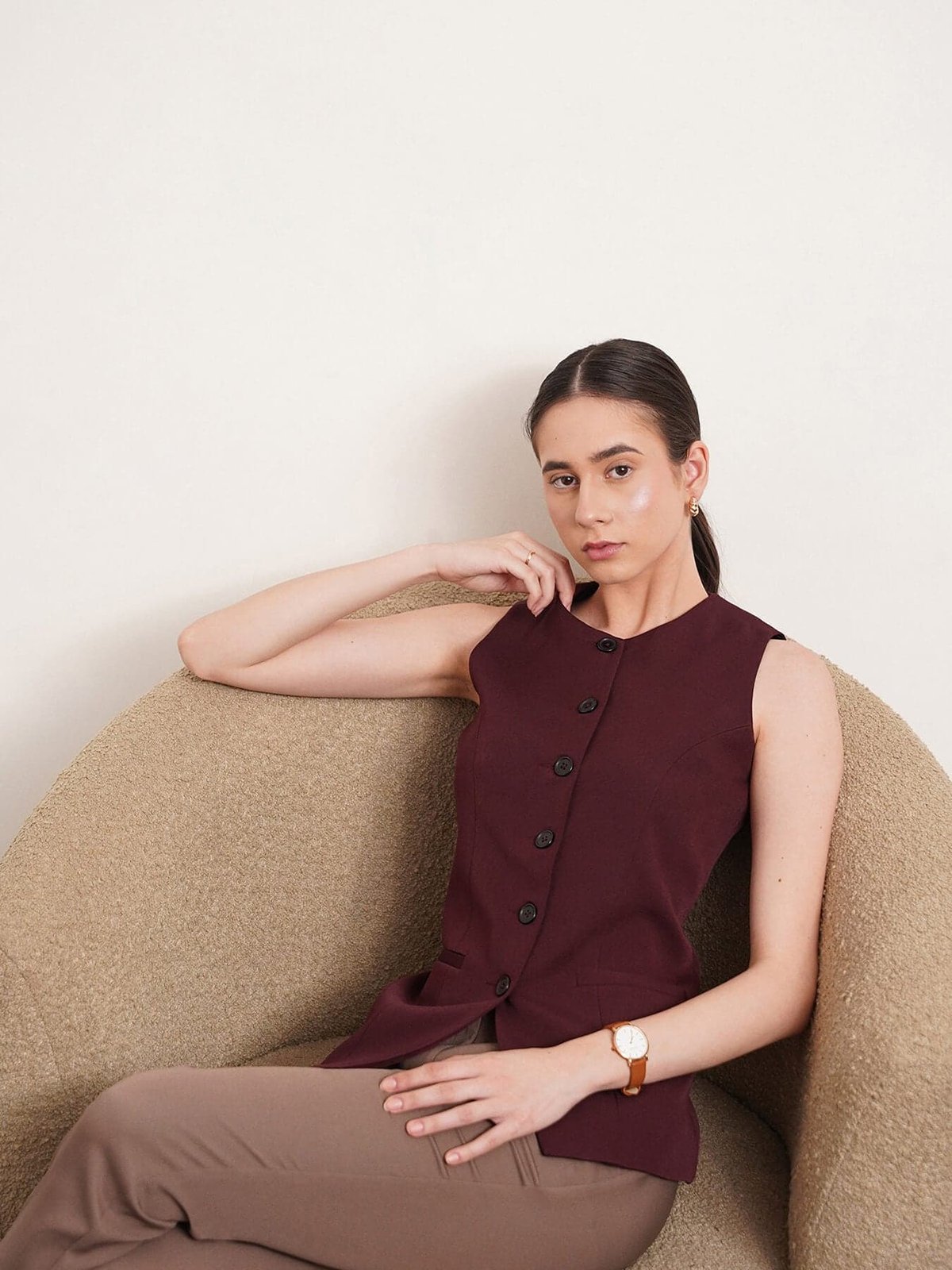 Maroon Princess-Line Button-Front Waistcoat Top