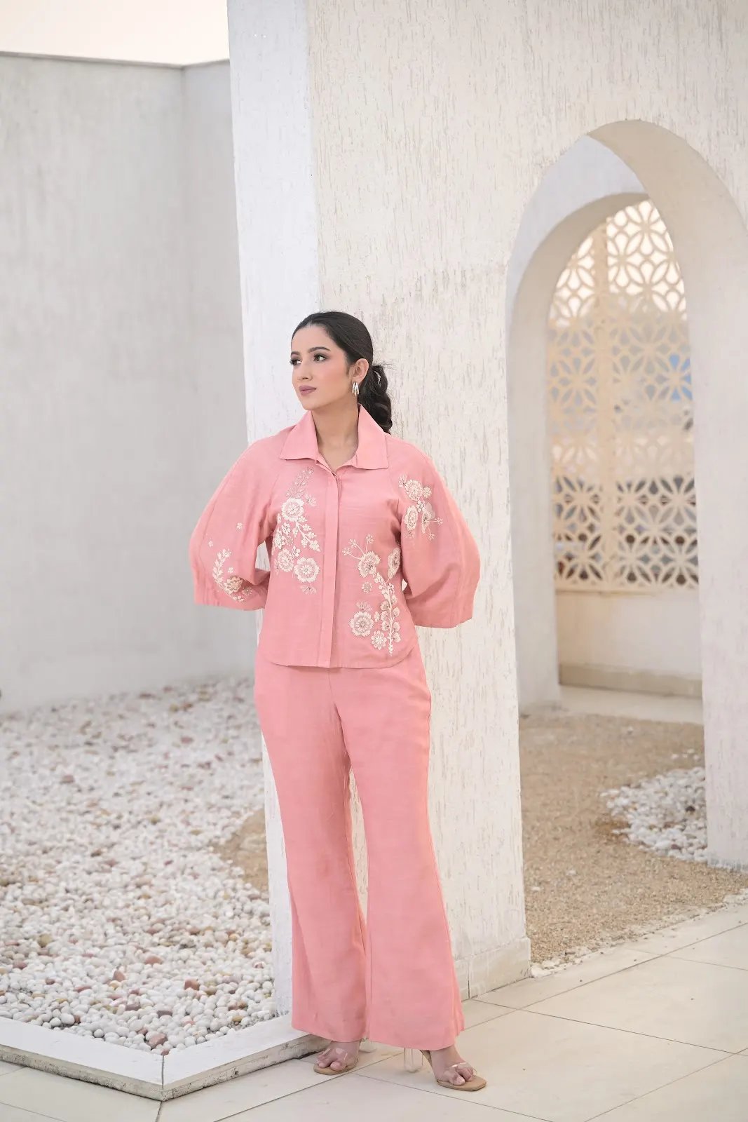 Blush Pink Linen Embroidered Shirt and Pant Co-ord Set