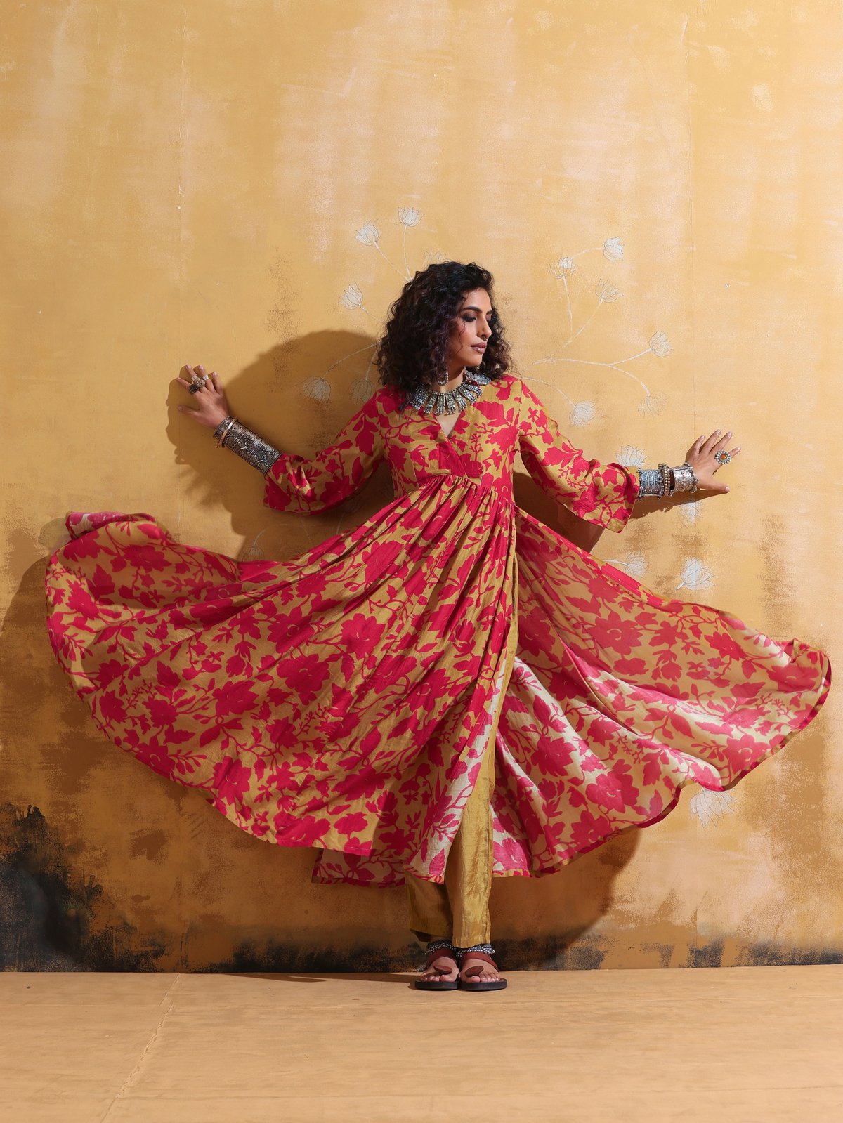 Red Mustard Jaal Print Muslin Silk Anarkali Kurta Set