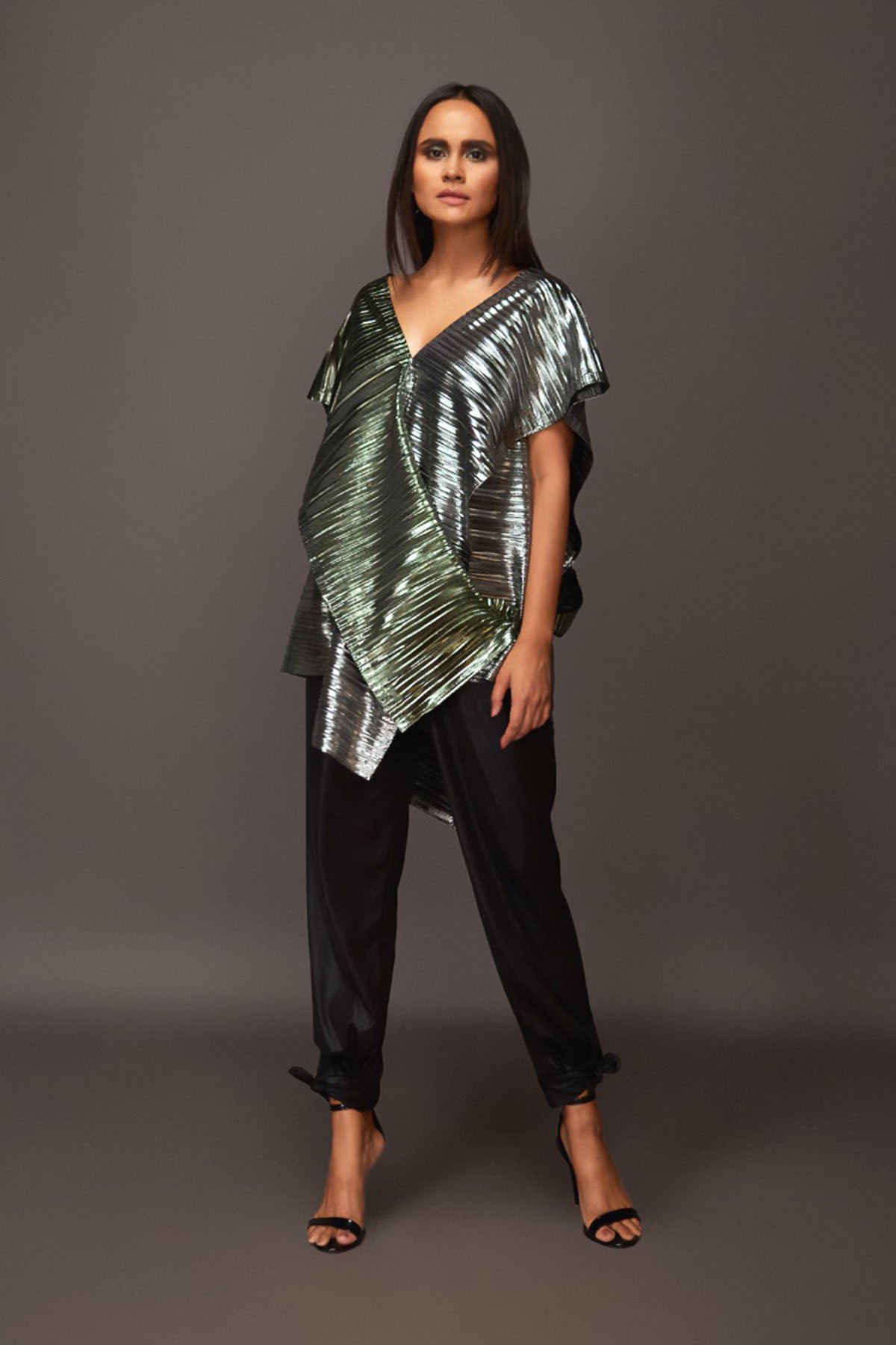 Pleated Metallic Overlap Drape Top