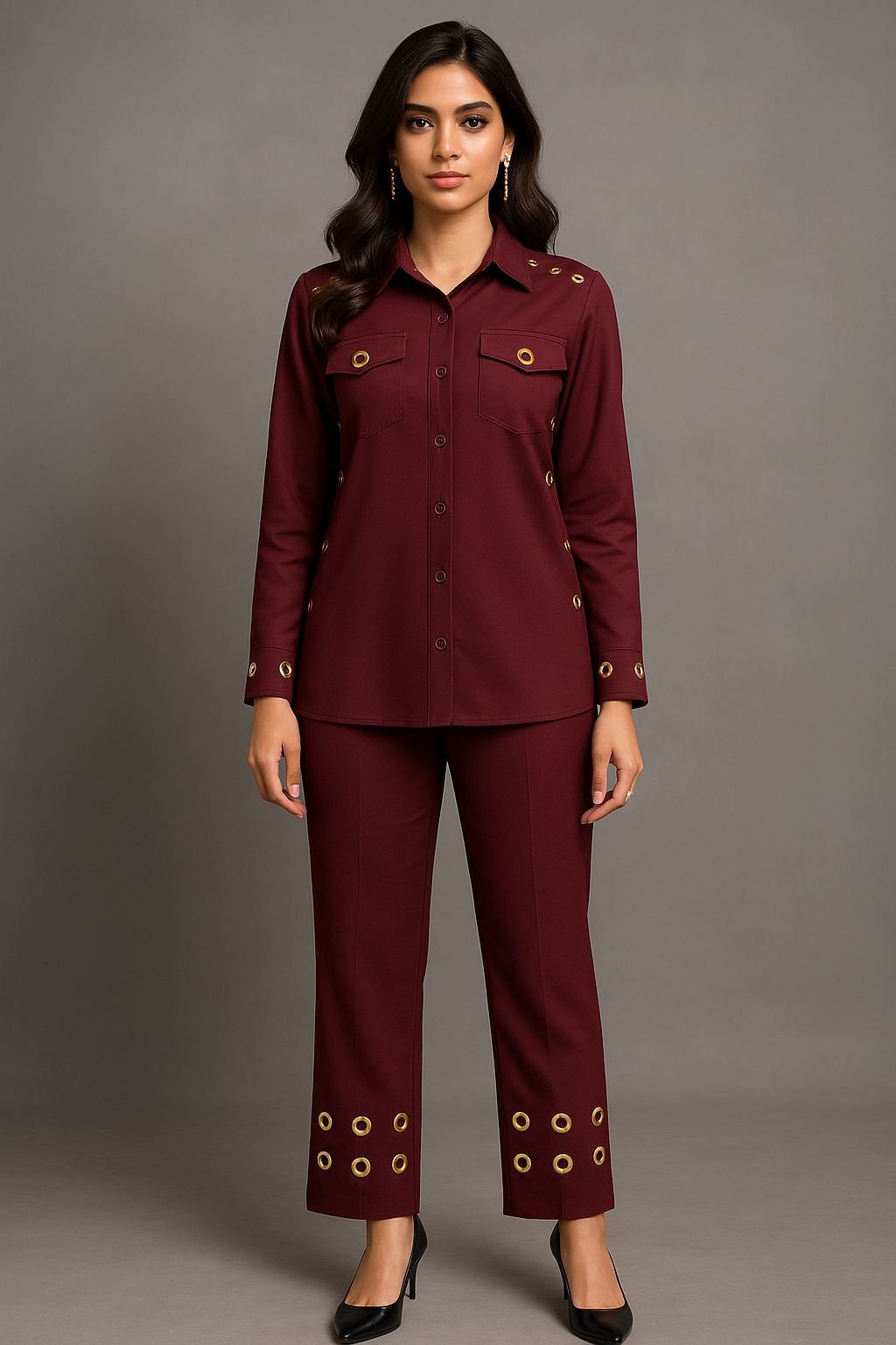 Maroon Eyelet Detail Shirt and Flared Pants Co-ord Set