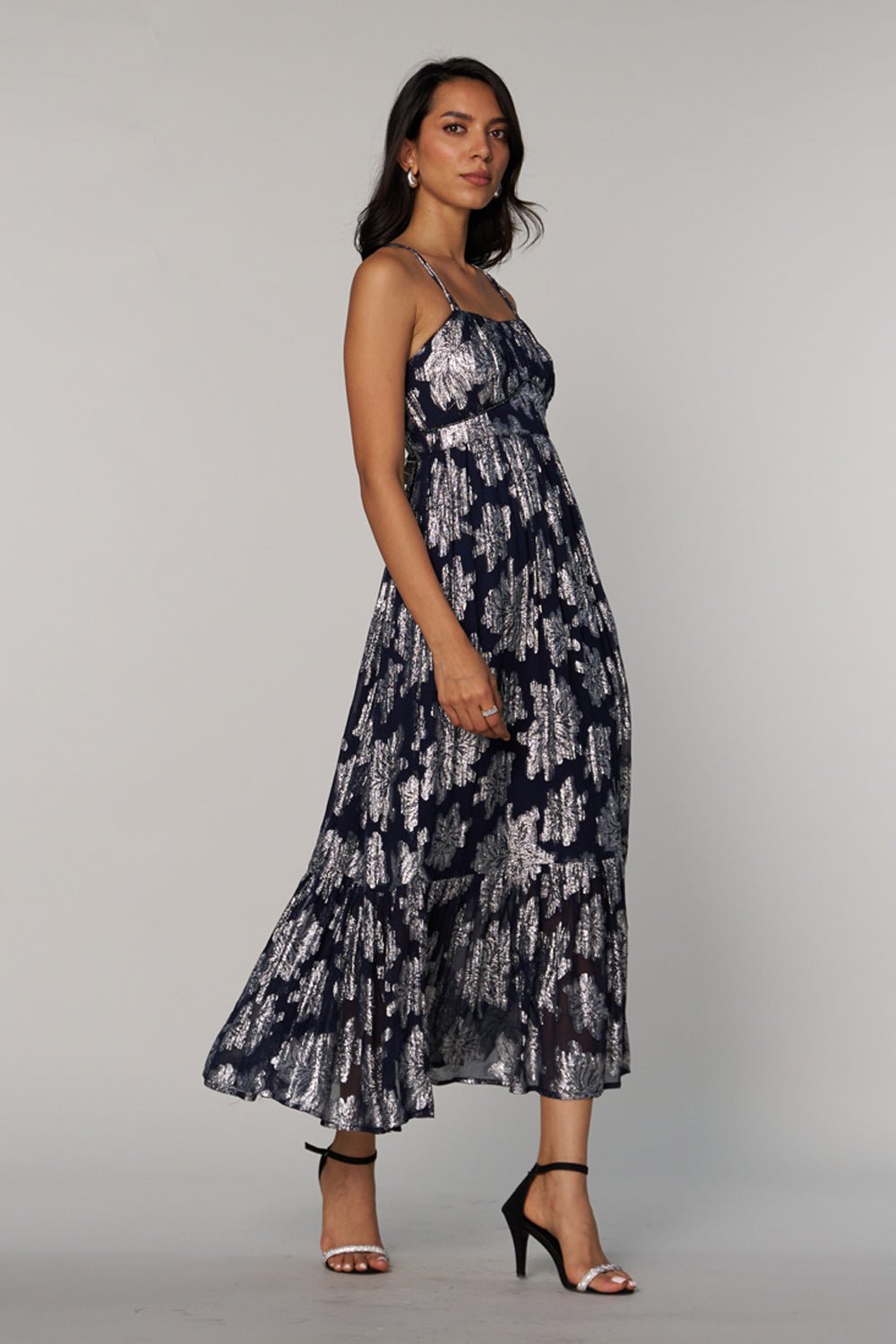 Blue Lurex Square-Neck Maxi Dress with Criss-Cross Back