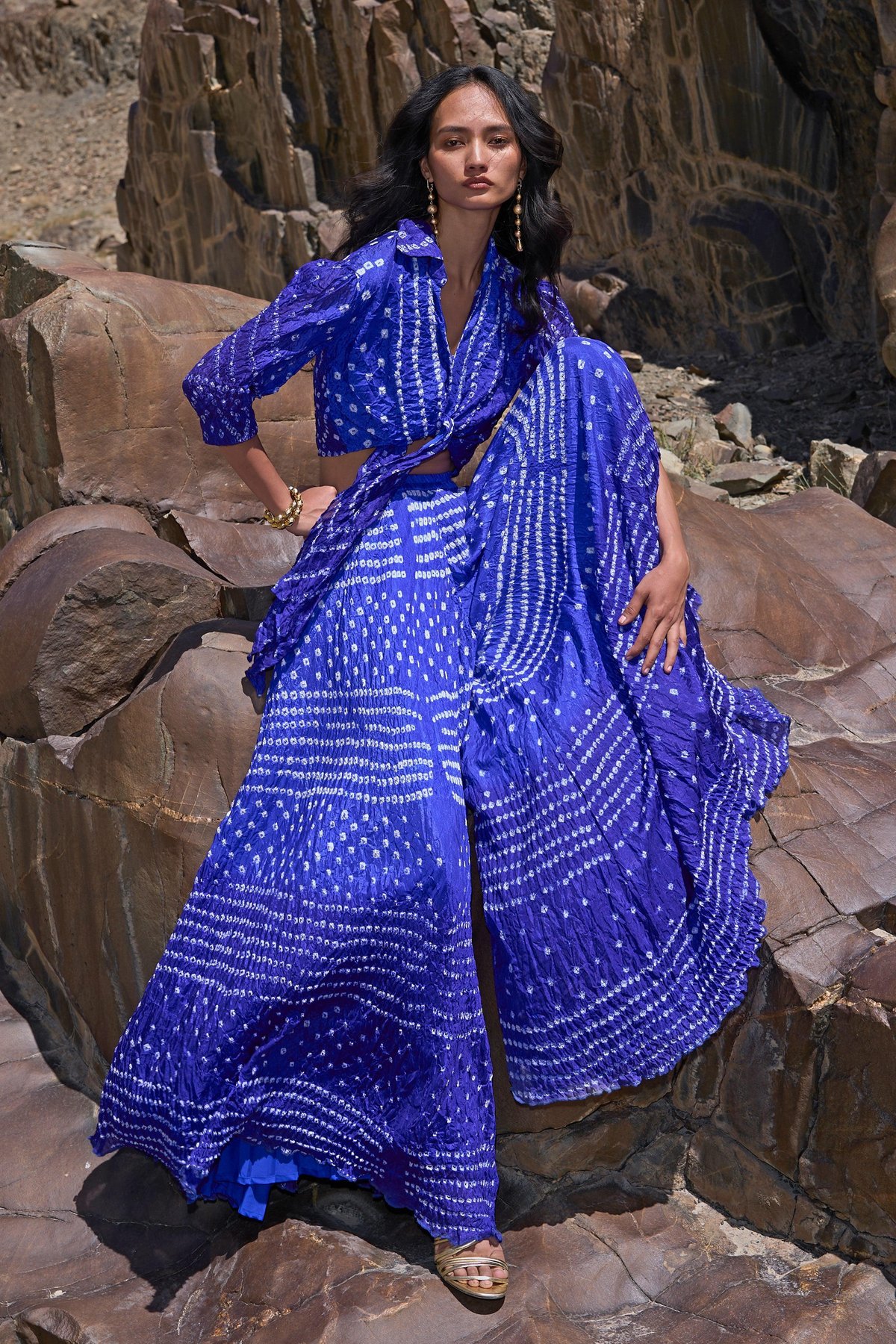 Royal Blue Bandhani Ombre Flared Wide-Leg Trousers