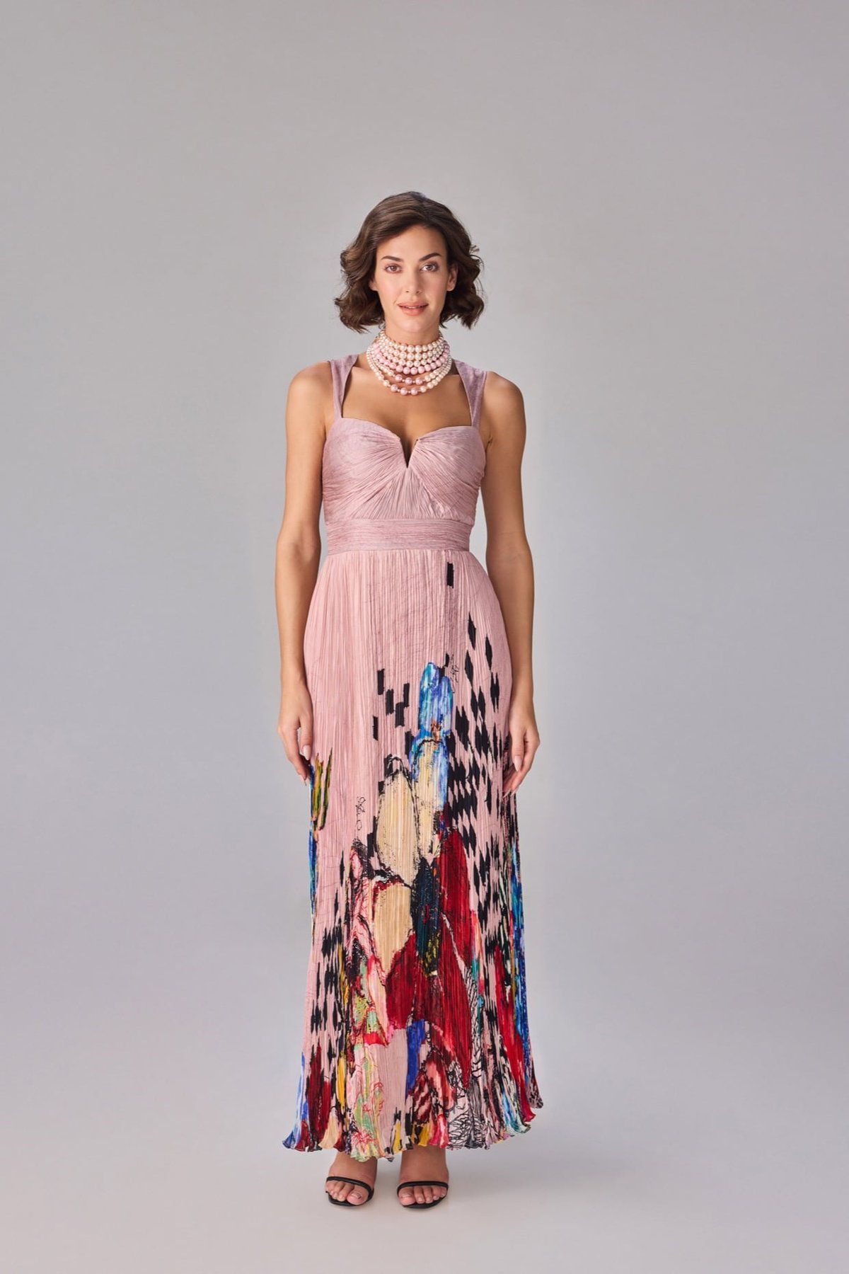 Light Pink Printed Micro-Pleated Chiffon Maxi Dress