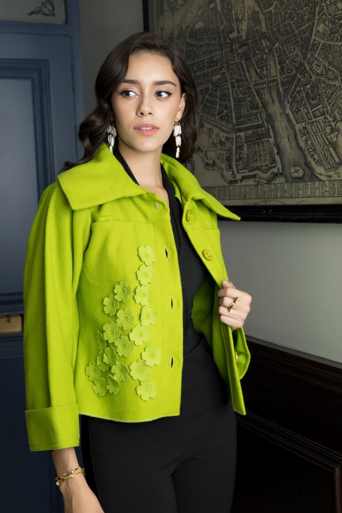 Lime Green Cropped Wool-Blend Jacket with 3D Floral Detail