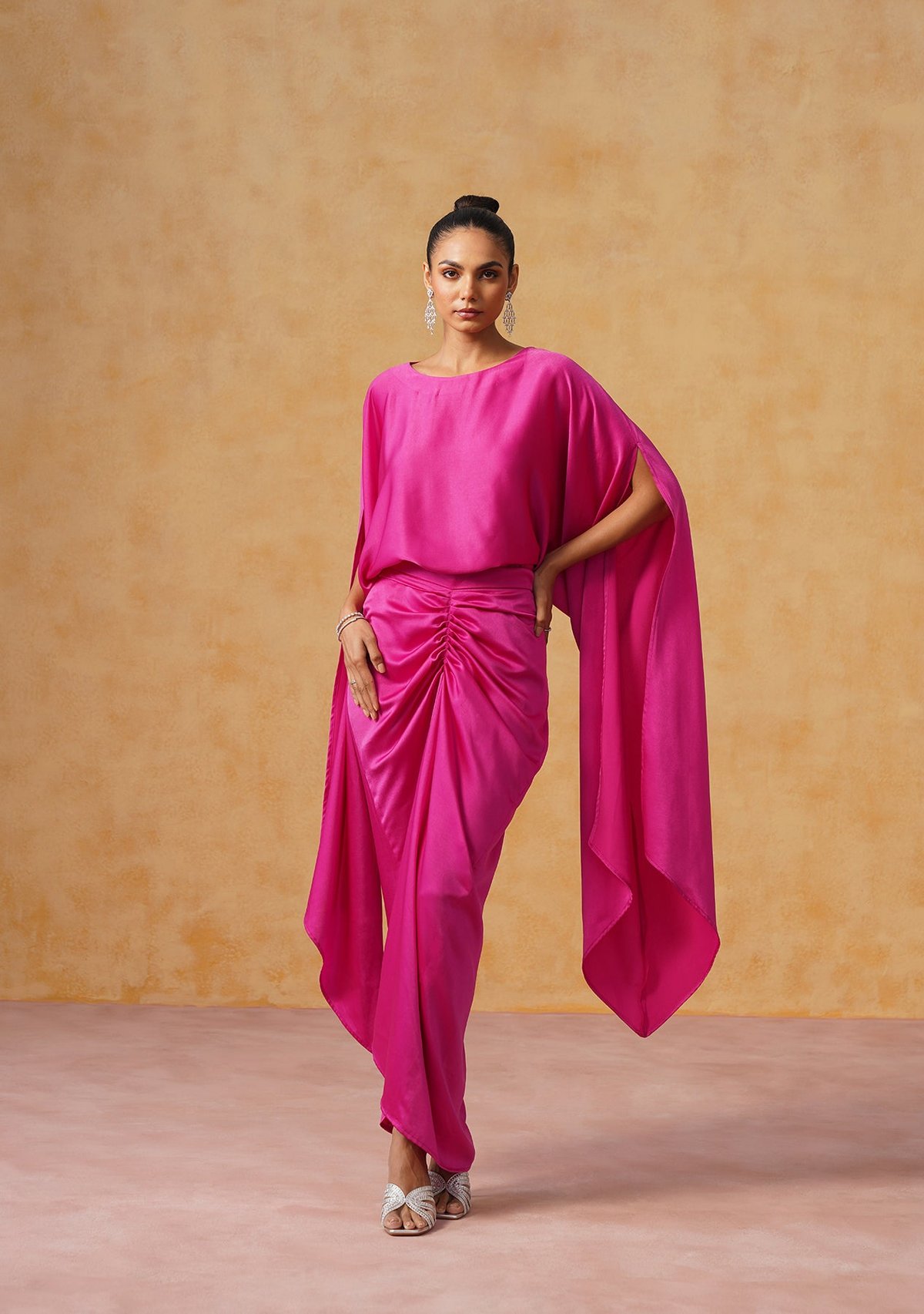 Fuschia Satin Cape Top and Draped Maxi Skirt Co-ord Set