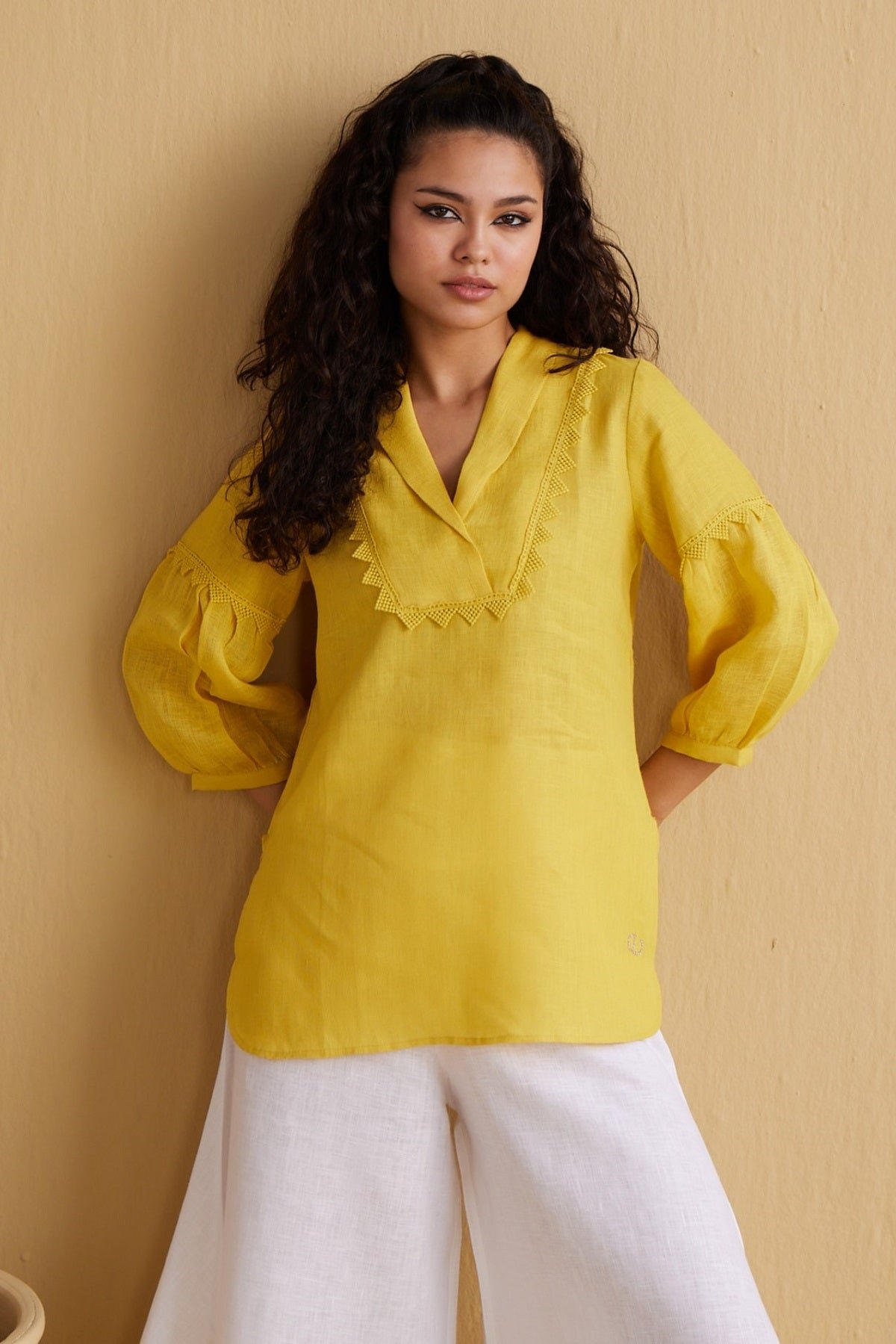 Yellow Linen V-Neck Tunic Top with Lace Detail