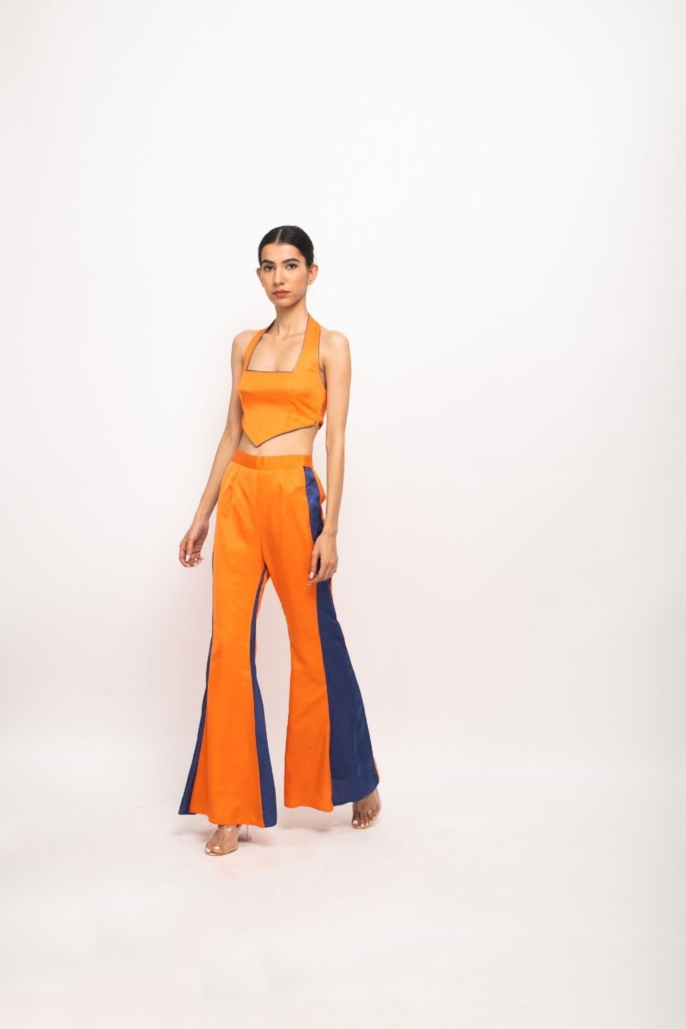 Orange/Blue Halter Bustier and Flared Pants Co-ord Set