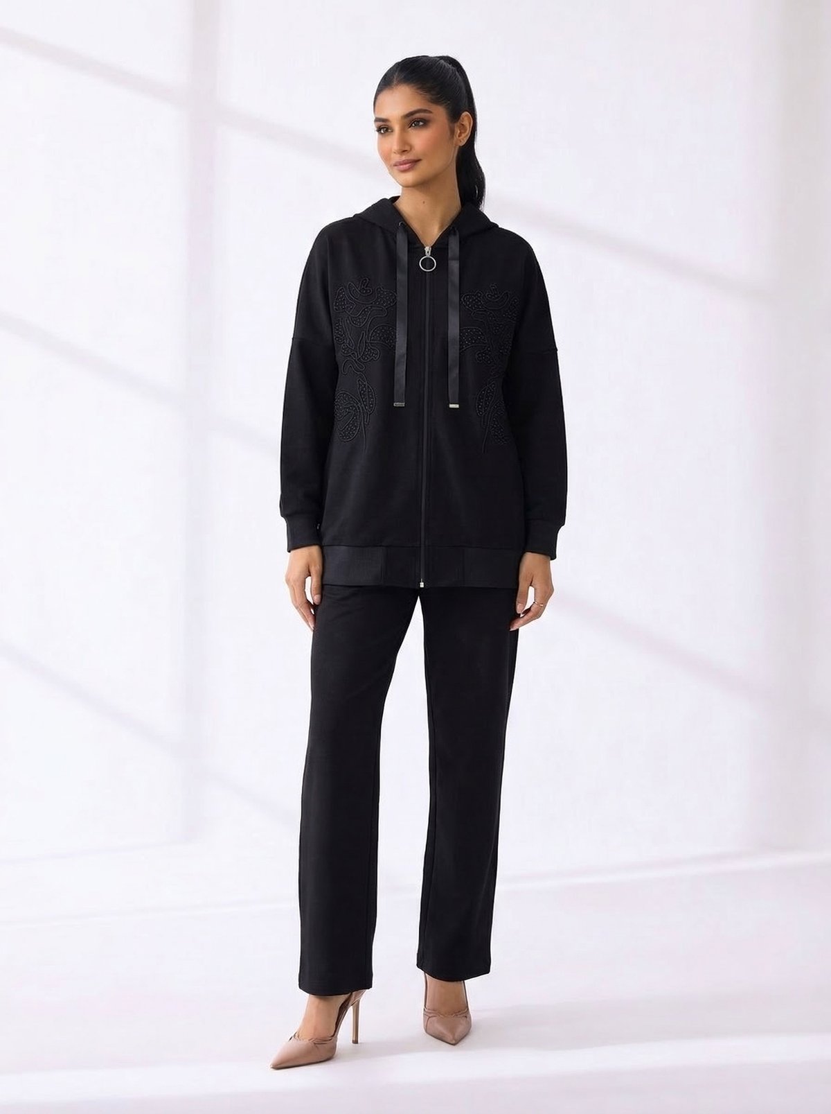 Chic black cordset with elegant embroidered detailing comfy, sleek, and stylish