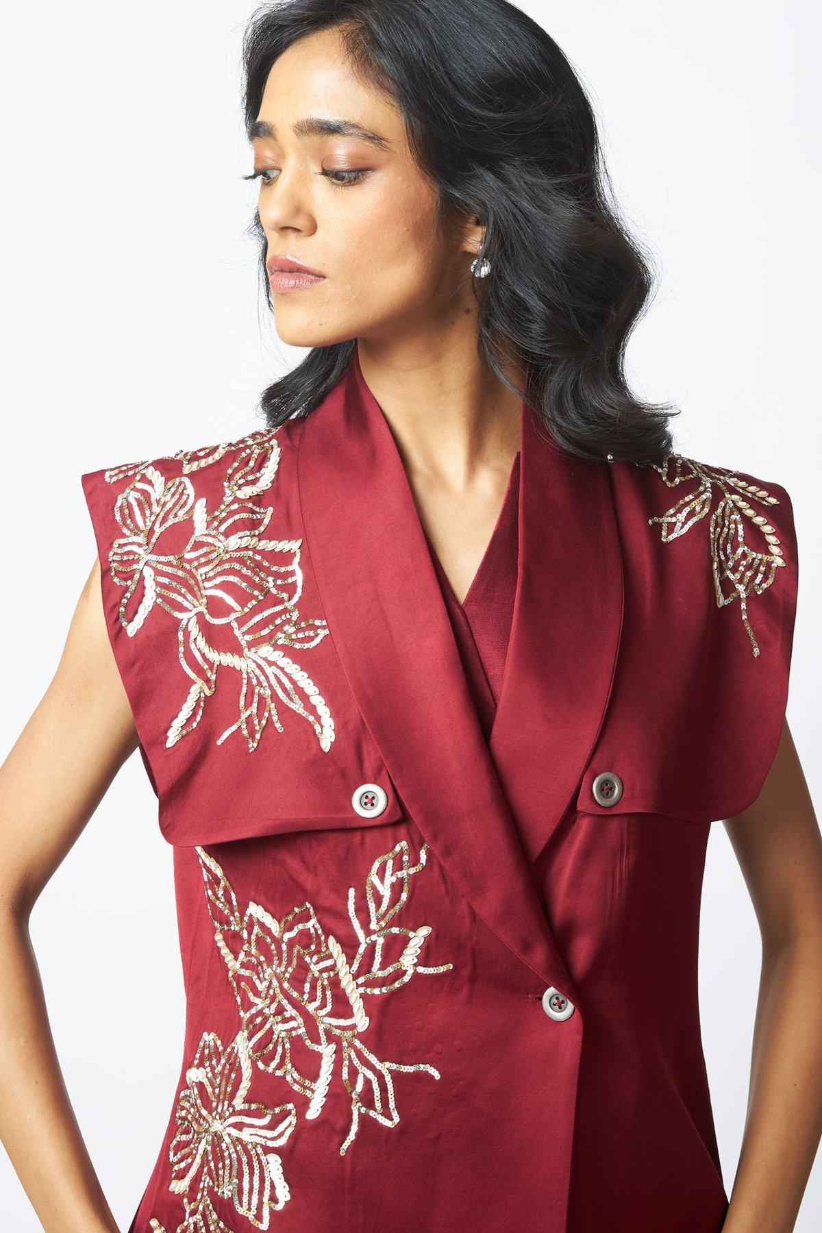 Burgundy Linen Satin Wrap Jacket with Sequin Embellishment