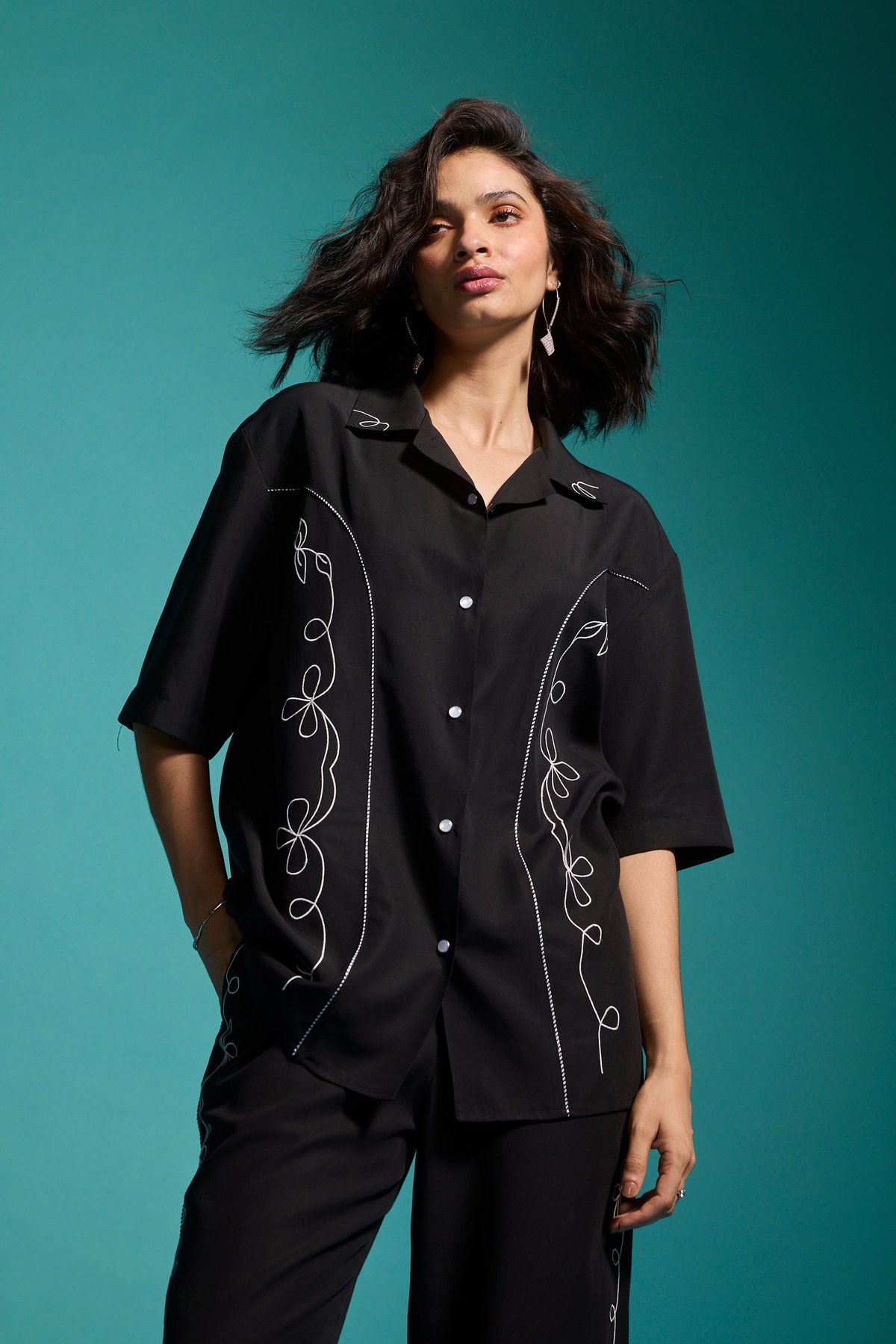 Black Relaxed-Fit Tencel Shirt with Contrast Embroidery